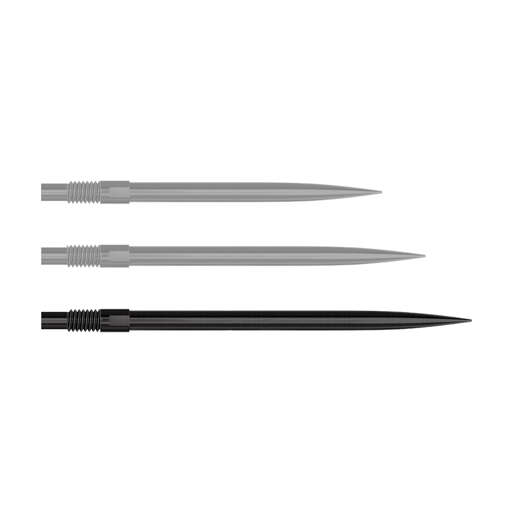 Harrows Quick Point Dart Tips - Black Auf diesem Bild sind 40 mm lange, schwarze Dartspitzen dargestellt. Die Spitzen werden nebeneinander angeordnet gezeigt.