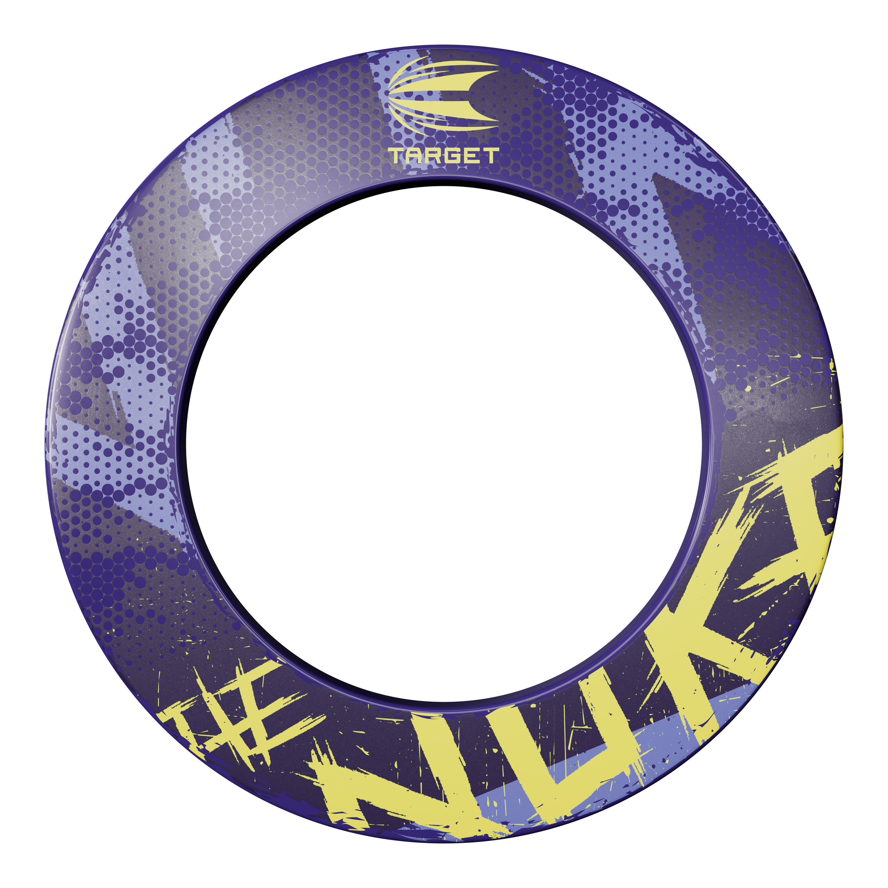 Obvodový terč Target Luke Littler The Nuke Dieses Bild zeigt die Target Luke Littler The Nuke Dartboard Surround. Der Ring ist lila mit gelben und blauen Akzenten und trägt den Schriftzug "#NUKI" und das Target-Logo.
