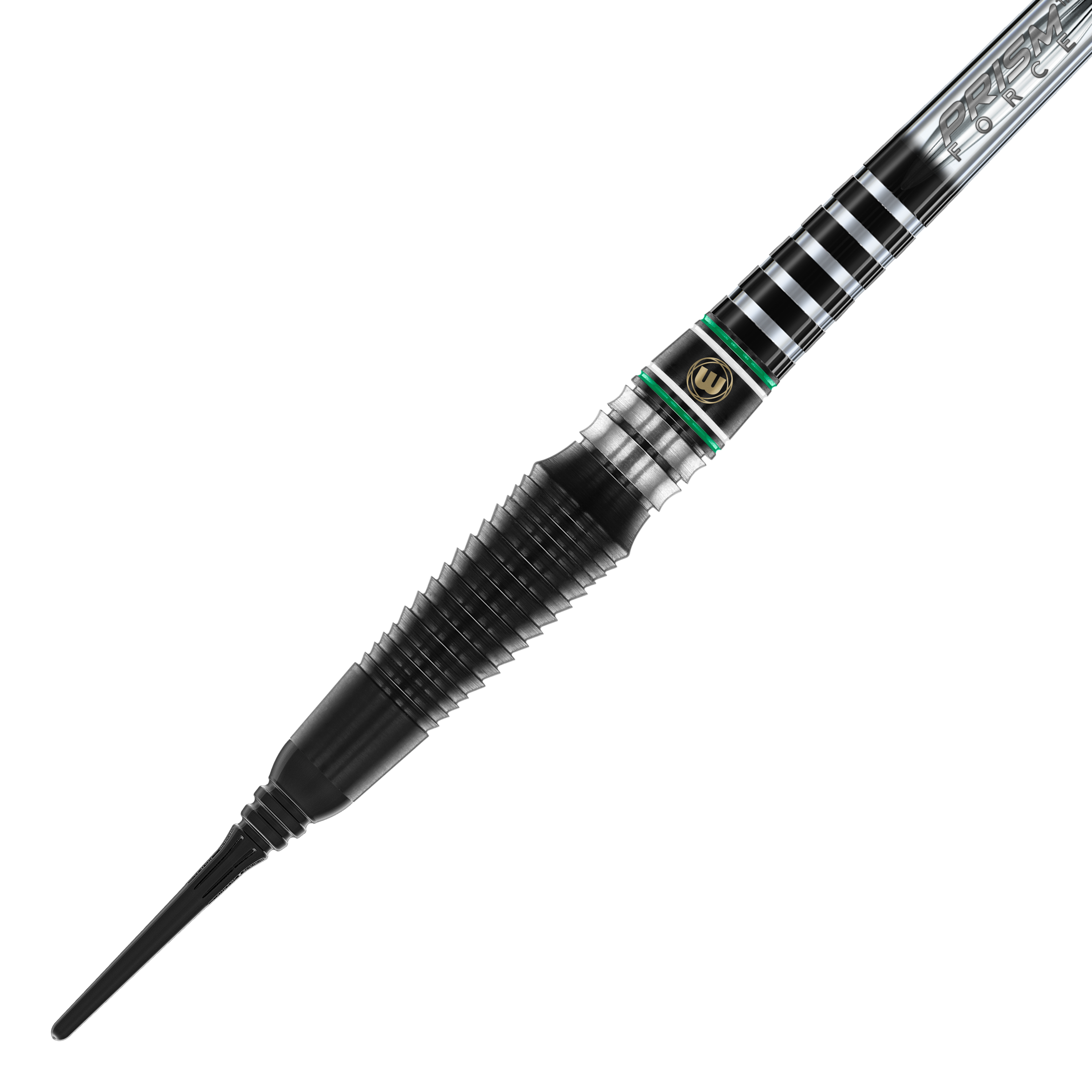 Dardos blandos Winmau Sniper Black 2025 - 20 g Auf dem Bild ist ein Winmau Sniper Black 2025 Softdart mit einem Gewicht von 20g zu sehen. Der Dart hat ein modernes, schwarzes Design mit silbernen und grünen Akzenten.