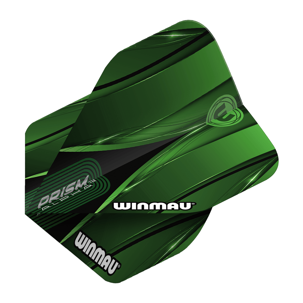 Letky Winmau Alpha Sniper Green Standard Das Bild zeigt das Produkt "Winmau Alpha Sniper Green Standard Flights". Die Dart-Flights sind grün mit schwarzen und weißen Akzenten gestaltet und tragen den Schriftzug "WINMAU".