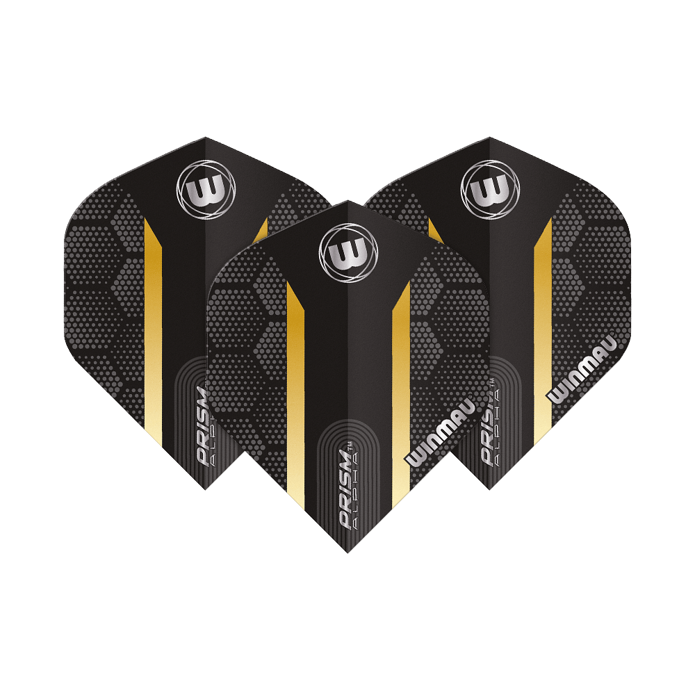 6915-185_Winmau_Prism_Alpha_Gold_Standard_Flights_1l7Zc5wEcStypV Das Bild zeigt die Winmau Prism Alpha Gold Standard Flights für Dartpfeile. Die Flights sind schwarz mit einem goldenen Streifen und geometrischem Muster gestaltet.