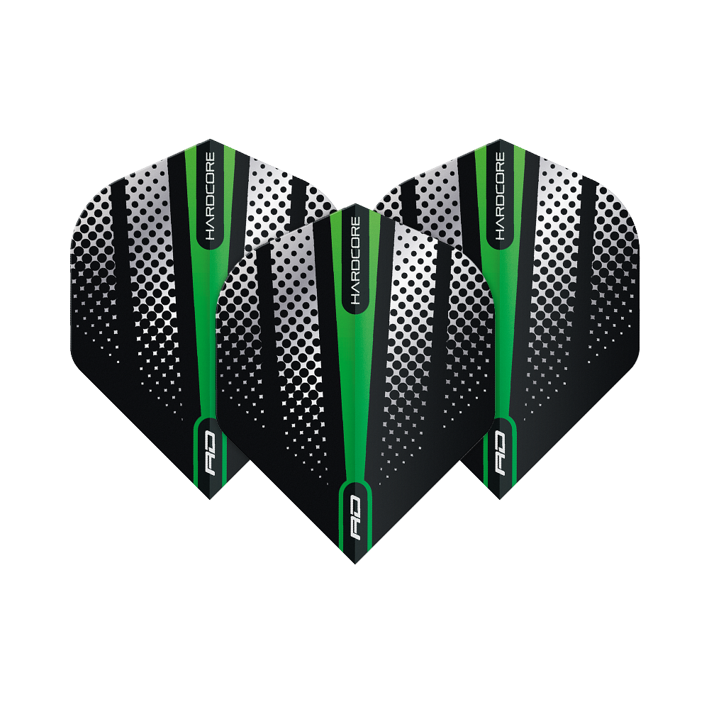 TF6508_Red_Dragon_Hardcore_Radical_Green_Flash_Standard_Flights_1ua77D4ZVYFlUD Das Bild zeigt drei Dart-Flights der Marke "Red Dragon Hardcore Radical Green Flash Standard Flights". Die Flights sind schwarz mit grünen und weißen Designelementen und haben einen modernen, auffälligen Look.