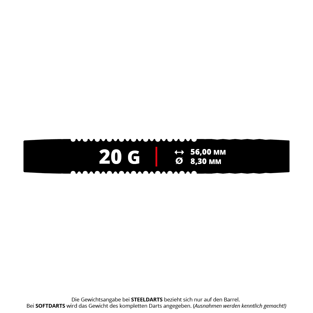 Měkké šipky Target Josh Rock GEN1 - 20g Das Bild zeigt die Produktinformationen der "Target Josh Rock GEN1 Softdarts - 20g". Die Darts wiegen 20 Gramm, sind 56,00 mm lang und haben einen Durchmesser von 8,30 mm.