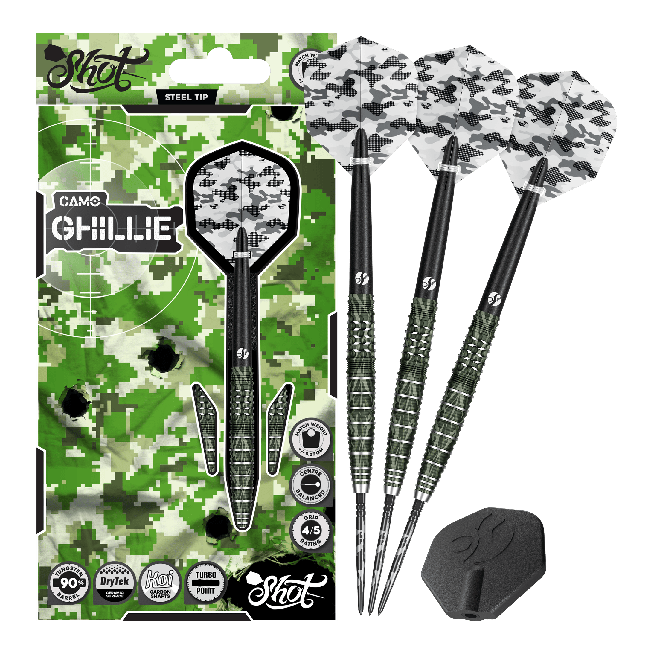 Shot Camo Ghillie Turbo Point Steeldarts mit 23 Gramm werden präsentiert. Die Steeldarts haben ein auffälliges Tarndesign.