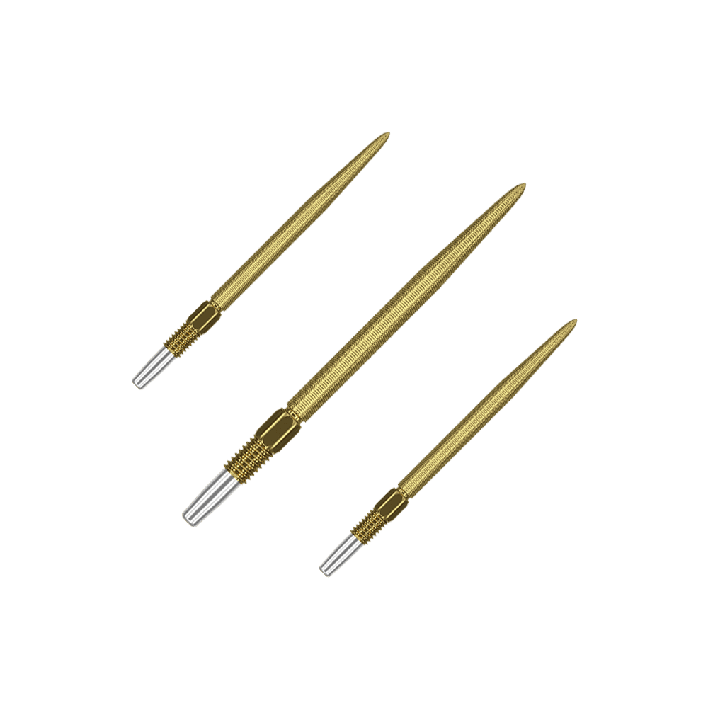 Puntas para dardos Target Swiss Point Nano - Oro Auf dem Bild sind drei goldfarbene Dartspitzen zu sehen. Sie haben eine feine Riffelung und ein silbernes Schraubgewinde am Ende.