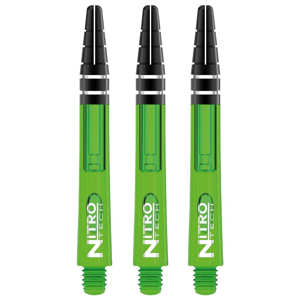 Das Bild zeigt drei grüne RedDragon Nitrotech Shafts. Sie sind für Dartpfeile und haben schwarze Spitzen.