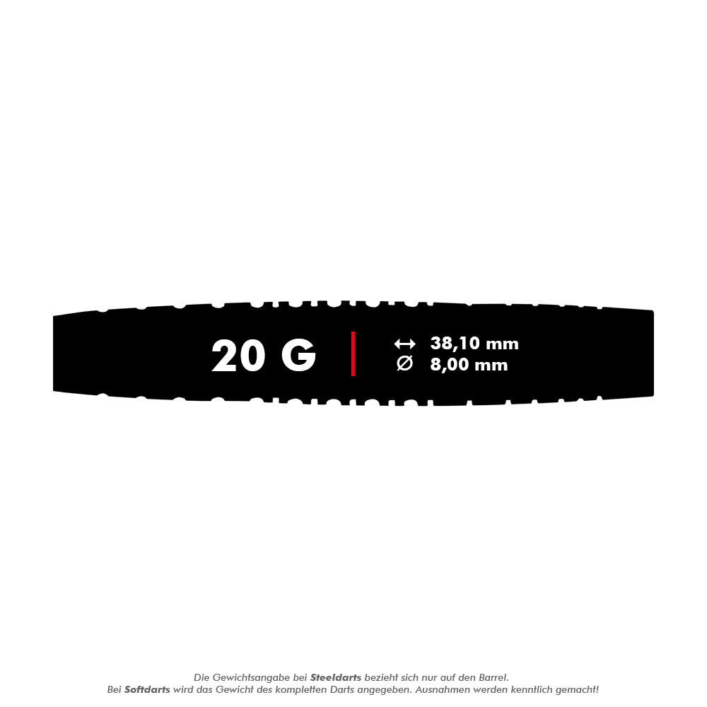 Měkké šipky Red Dragon Rifle - 20g Das Bild zeigt die Red Dragon Rifle Softdarts mit einem Gewicht von 20 Gramm. Die Maße sind 38,10 mm Länge und 8,00 mm Durchmesser.