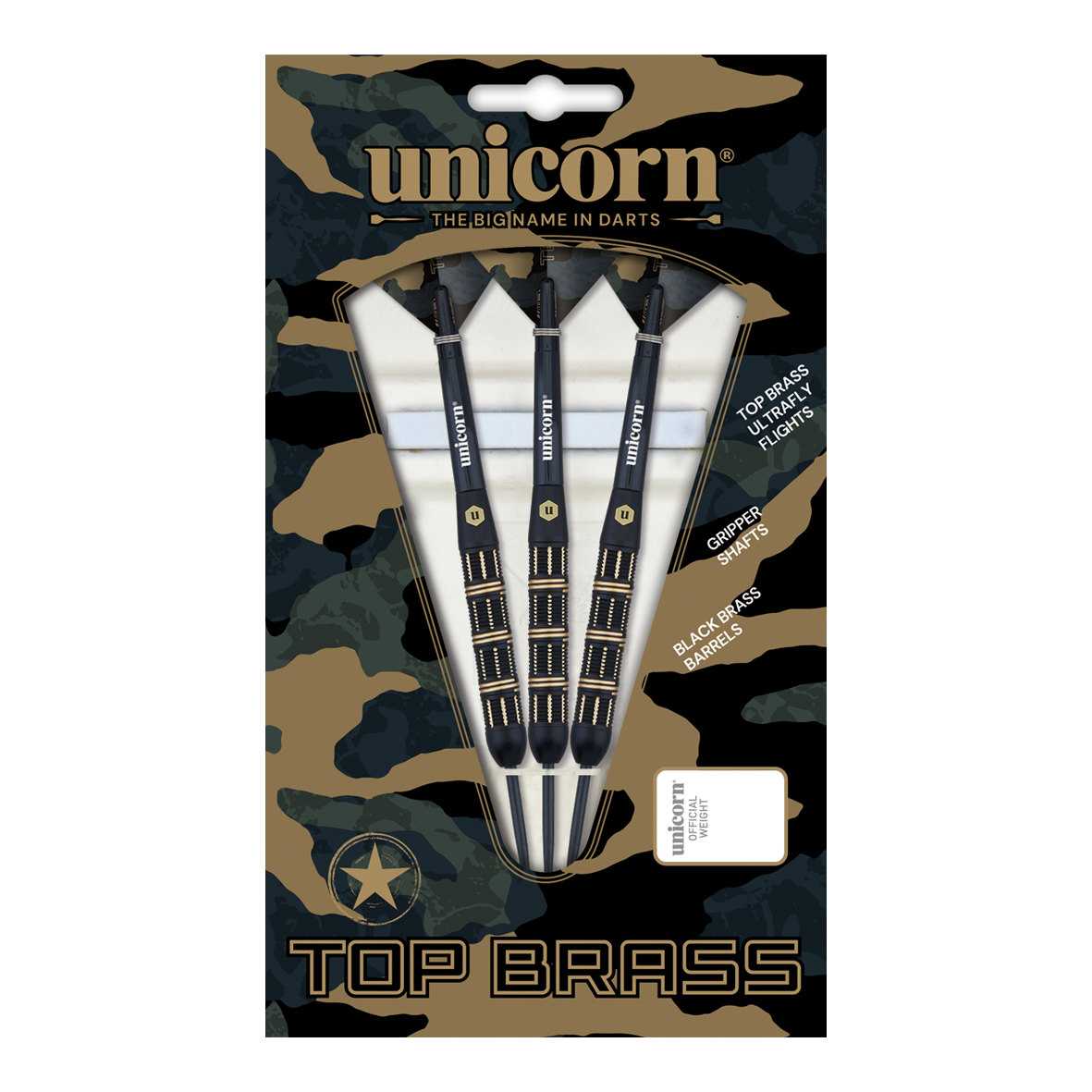 Steeldarts Unicorn Top Brass V3 - 21g Auf dem Bild ist das Produkt „Unicorn Top Brass V3 Steeldarts - 21g“ zu sehen. Die Verpackung enthält drei schwarze Darts mit goldenen Akzenten und weiß-schwarzen Flights.
