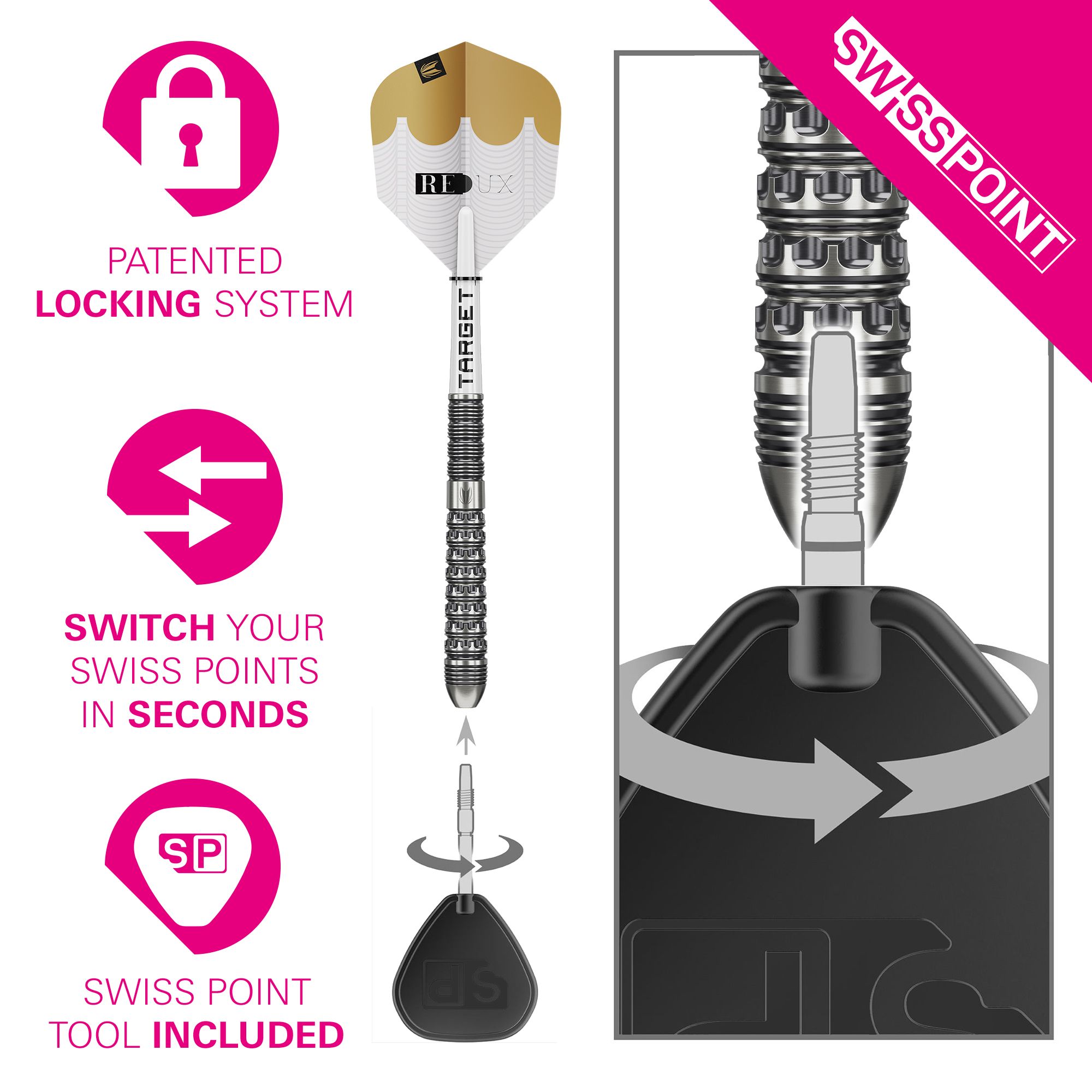 Dardos de acero Target Redux 03 Swiss Point Zu sehen sind die Target Redux 03 Swiss Point Steeldarts. Die Darts sind für Turnierspieler ausgelegt.