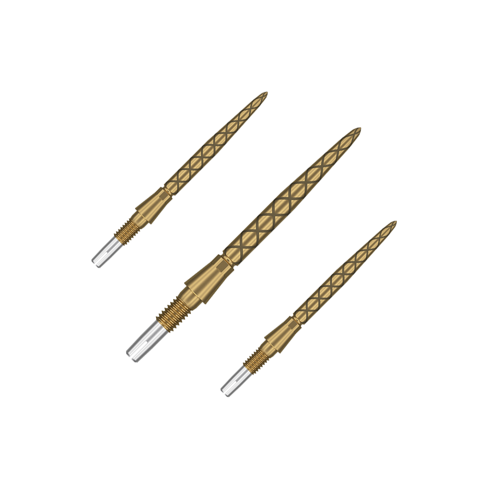Target Swiss Storm Diamond Point Dart Tips - Gold Das Bild zeigt drei goldene Dartspitzen mit einem Rautenmuster. Die Spitzen haben einen silbernen, metallischen Bereich zum Einschrauben.