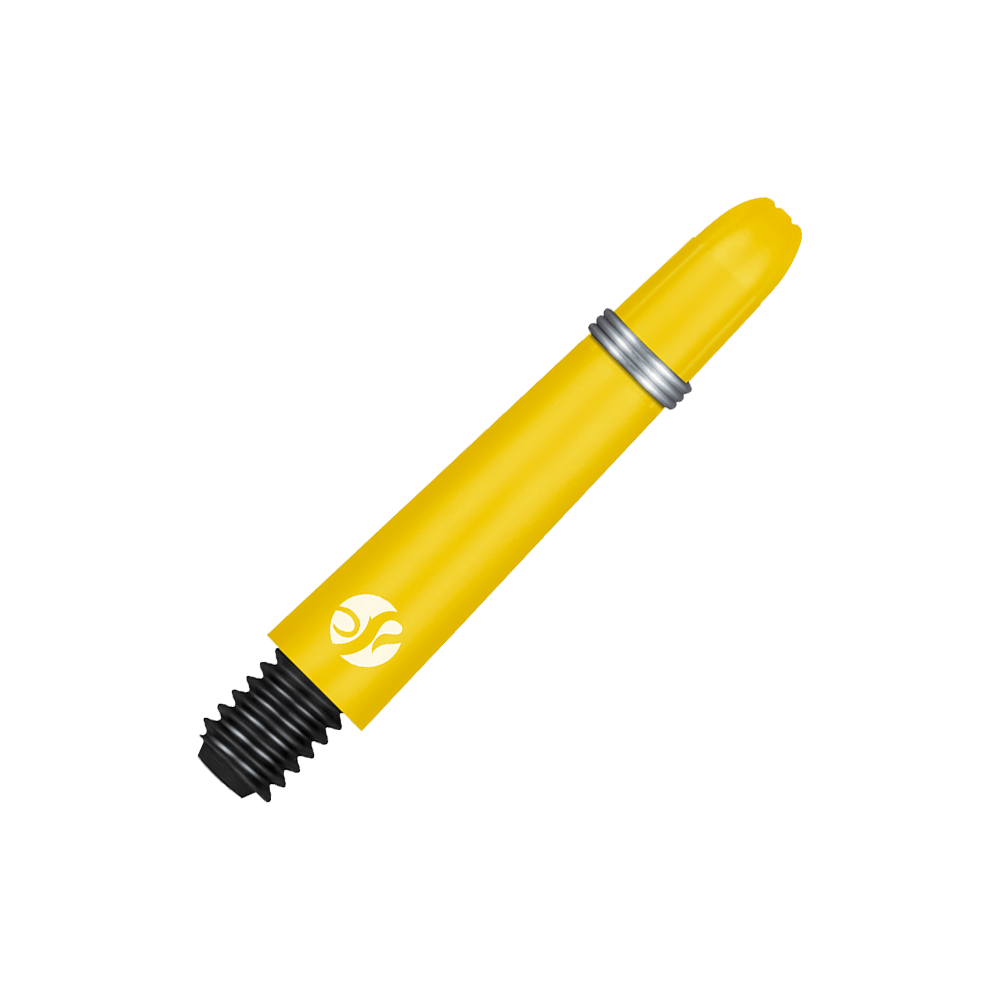 Shot Koi Carbon Shafts - Gelb Das Bild zeigt einen gelben Carbon-Schaft mit schwarzem Gewinde und silbernem Ring. Auf dem Schaft ist ein weißes Logo abgebildet.