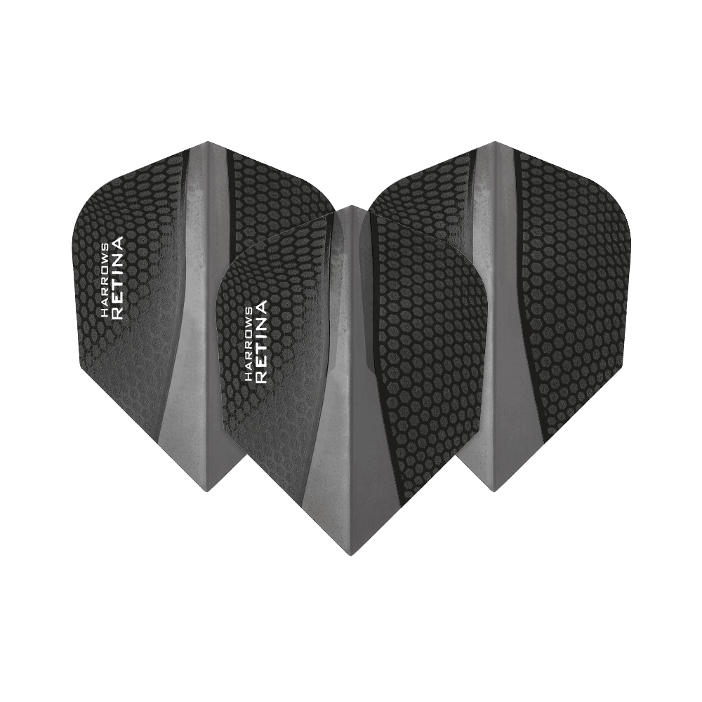 HR67_Harrows_Retina_Schwarz_No2_Standard_Flights_1zktKmRpfkumOw Das Bild zeigt drei schwarze Dart-Flights des Modells "Harrows Retina No6". Sie haben eine strukturierte Oberfläche mit einem modernen Design und weißer Aufschrift.