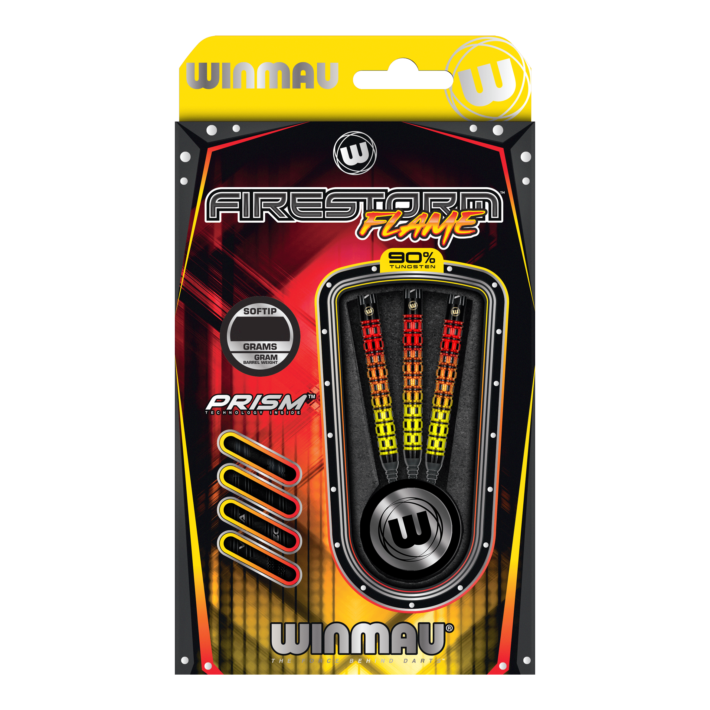 Fléchettes souples parallèles Winmau Firestorm Flame - 20 g Das Bild zeigt eine Verpackung der "Winmau Firestorm Flame Parallel Softdarts - 20g". In der Packung befinden sich drei farbenfrohe Softdarts mit 90% Tungsten-Anteil.