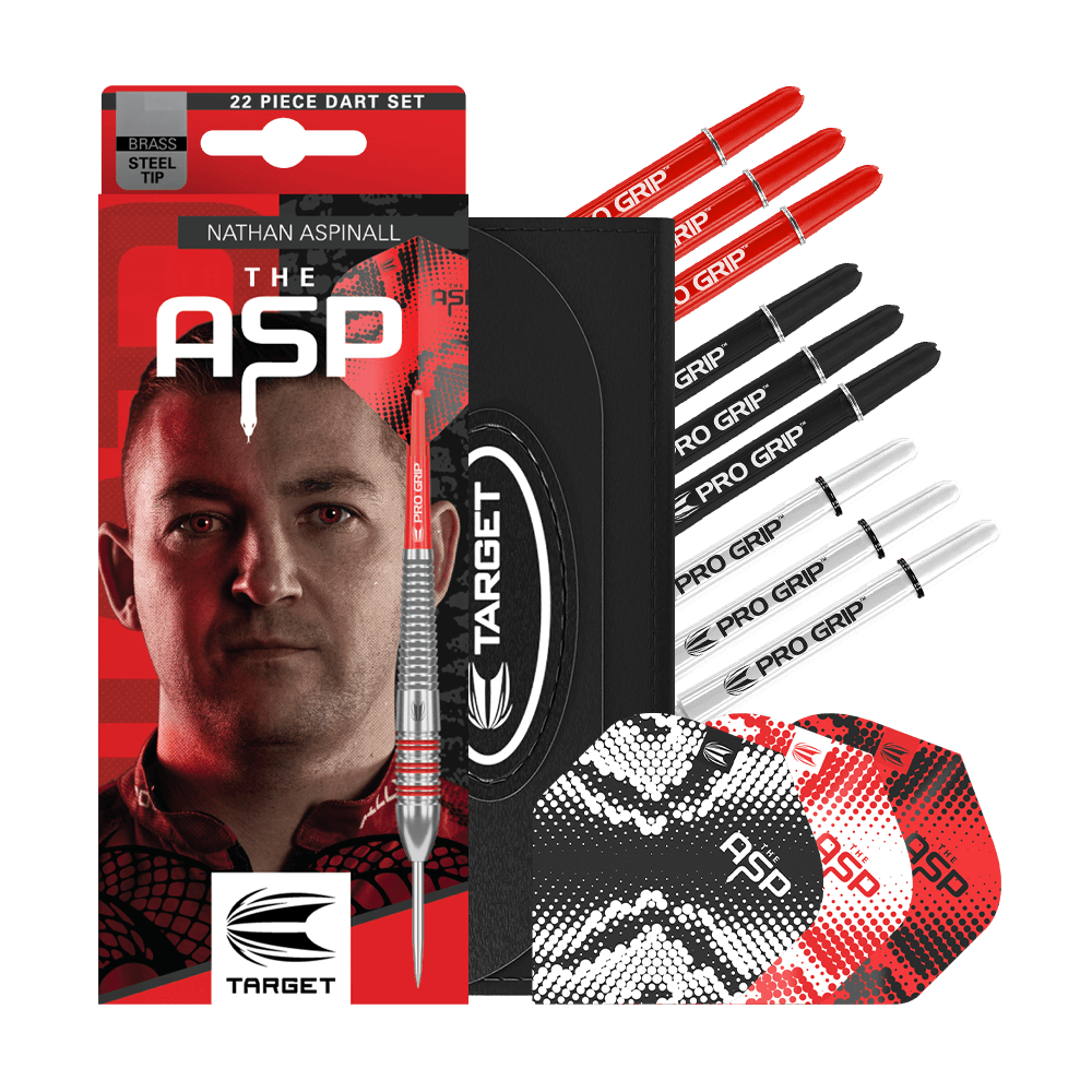 Šipky Target Nathan Aspinall Brass Steel - 22g Zu sehen sind die Target Nathan Aspinall Brass Steeldarts mit 22 Gramm Gewicht. Diese Darts sind ideal für präzises Steeldart-Spiel.
