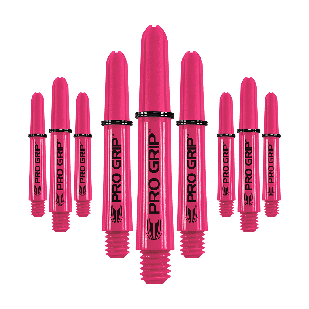 Das Bild zeigt neun pinkfarbene Dartschäfte mit der Aufschrift "PRO GRIP". Sie sind in drei Gruppen nebeneinander angeordnet.