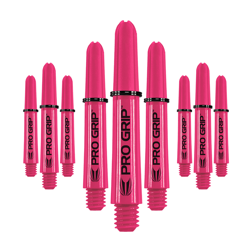 Target Pro Grip Shafts - 3 Sets - Pink Das Bild zeigt neun pinkfarbene Dartschäfte mit der Aufschrift "PRO GRIP". Sie sind in drei Gruppen nebeneinander angeordnet.