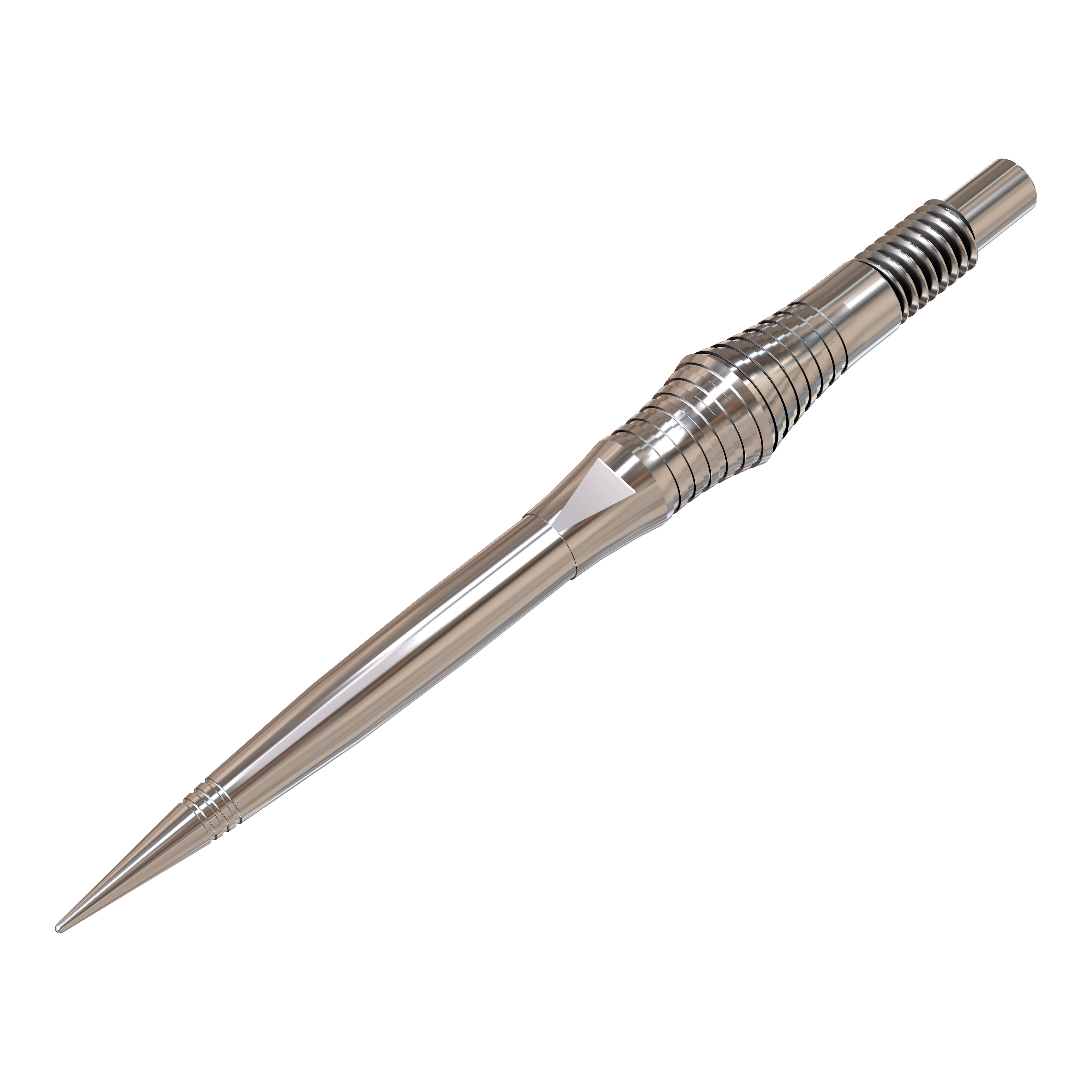 Harrows Quick Point Spire Elite Series Dartspitzen - Silber Auf dem Bild sind einzelne silberne Dartspitzen zu sehen. Sie sind groß abgebildet und deutlich dargestellt.