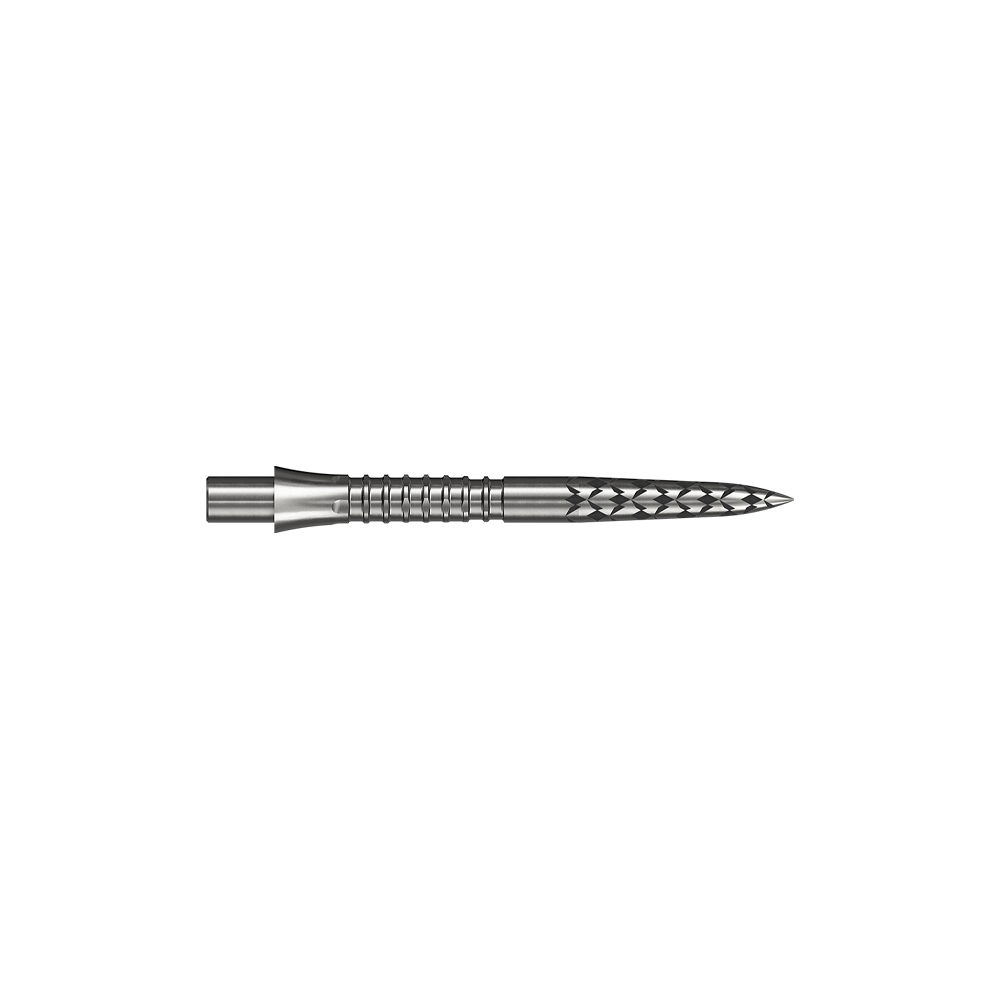 Abgebildet ist ein Steeldartspitze in silberner Farbe mit einer Länge von 26 mm. Das Bild stammt von der Datei M002127_Missoin_Caliburn_EVO_GV-Logo_Steeldartspitzen_Silber_26mm_2.