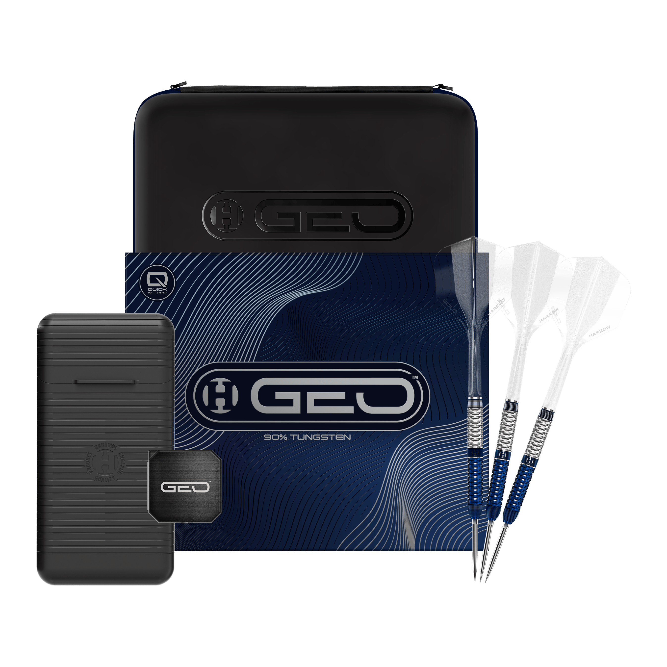 Abgebildet sind die Harrows GEO Parallel Quick Point Steeldarts. Das komplette Set ist auf dem Bild zu sehen.