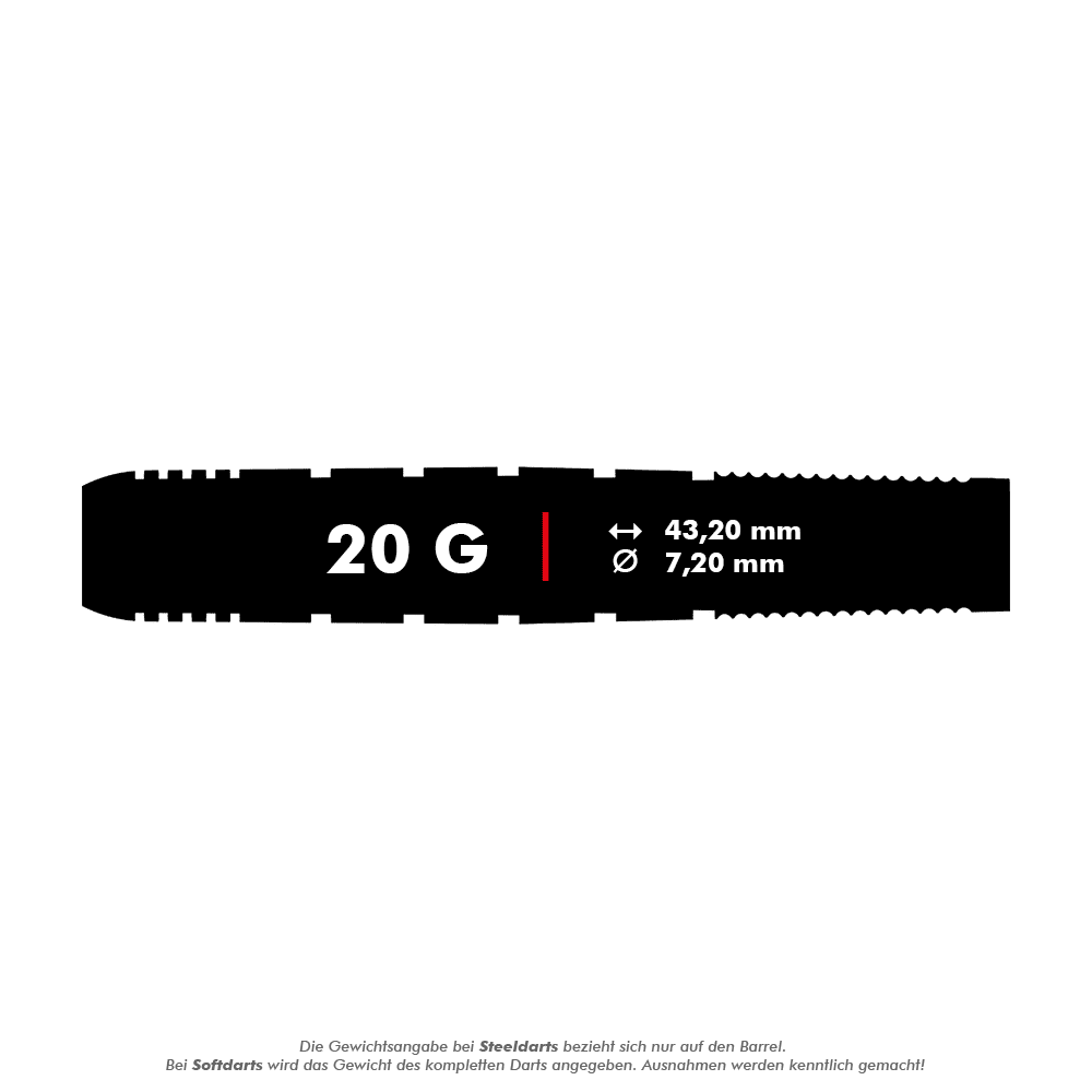 RD2402_Red_Dragon_Luke_Humphries_2021_Softdarts_5_20g Das Bild zeigt einen Softdart mit einem Gewicht von 20 Gramm. Die Maße des Darts sind 43,20 mm Länge und 7,20 mm Durchmesser.