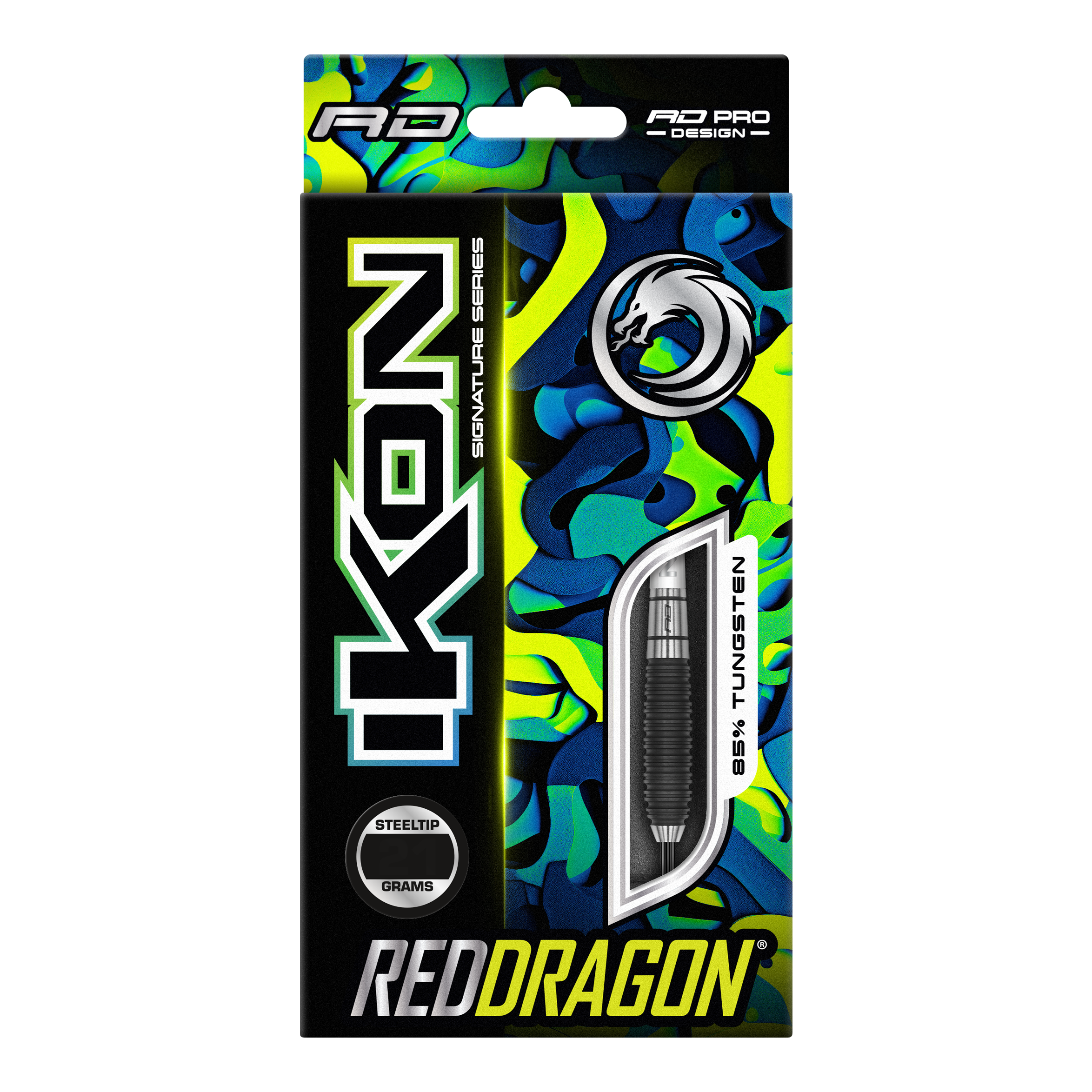 Red Dragon Ikon 3 Steeldarts Auf dem Bild ist die Verpackung der "Red Dragon Ikon 3 Steeldarts" zu sehen. Die Packung ist bunt gestaltet und hebt hervor, dass die Darts aus 85% Tungsten bestehen.