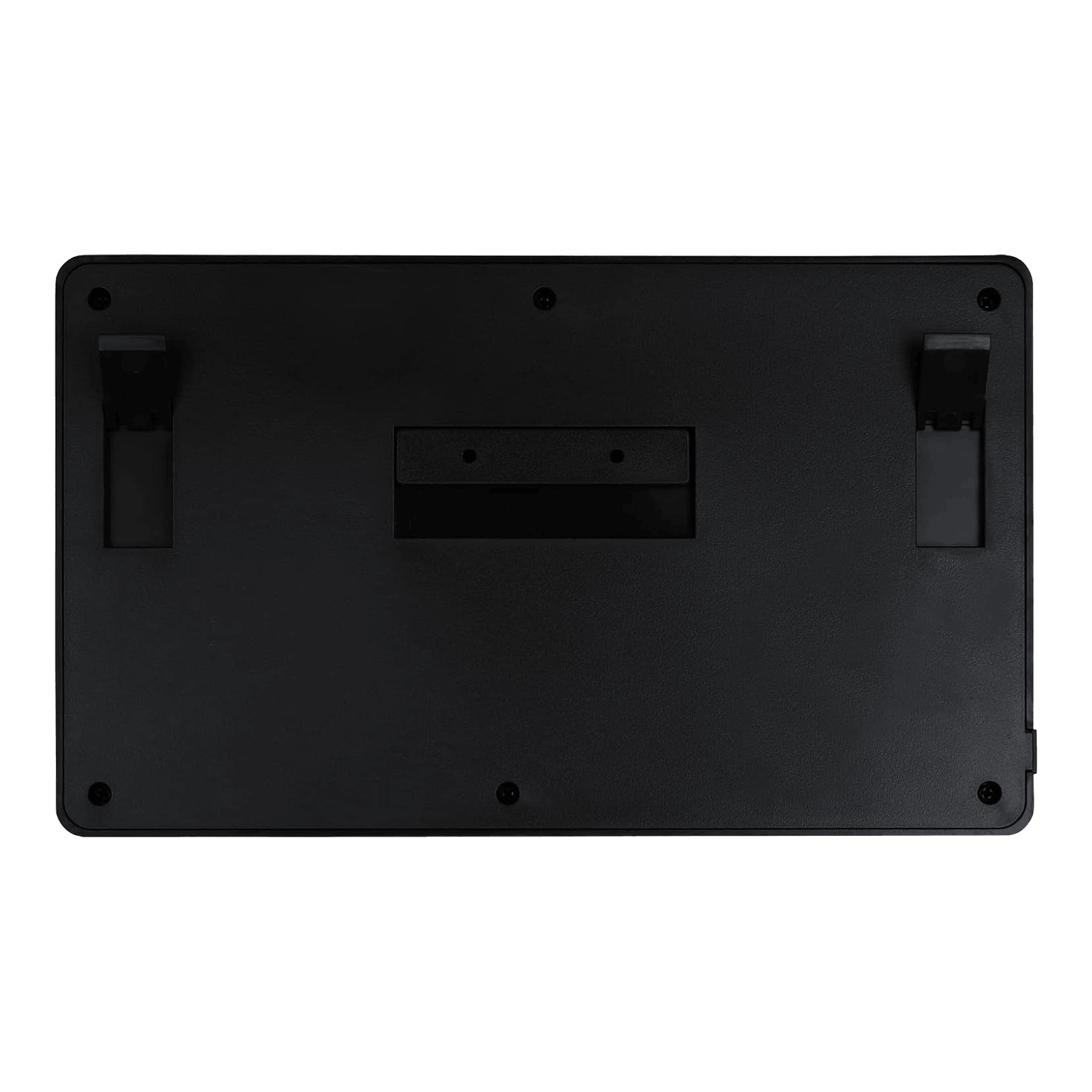 Počítadlo šipek XQMax Dublin Das Bild zeigt die Rückseite des XQMax Dublin Dart Counter. Die Oberfläche ist schwarz mit zwei ausklappbaren Ständern und mehreren Befestigungspunkten.