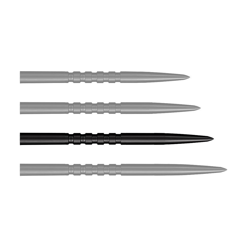 Das Bild zeigt vier schwarze Stahlspitzen für Steeldarts, die nebeneinander liegen. Jede Spitze ist 38 mm lang und hat gerillte Griffzonen.
