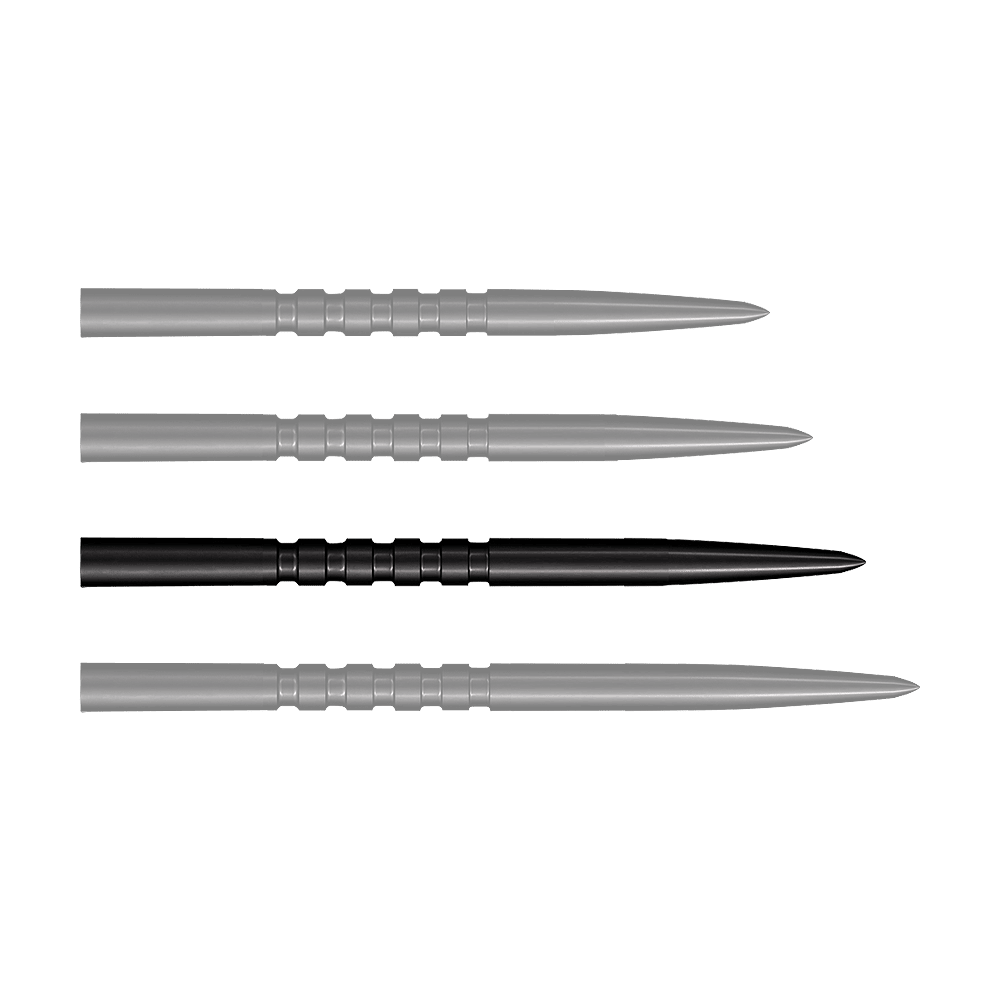 Pointes de fléchettes en acier Shot Grip Point - Noires Das Bild zeigt vier schwarze Stahlspitzen für Steeldarts, die nebeneinander liegen. Jede Spitze ist 38 mm lang und hat gerillte Griffzonen.