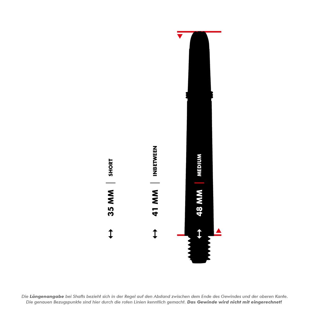 Das Bild zeigt drei verschiedene Längen von Koi Carbon Schäften: 35 mm (kurz), 41 mm (mittel) und 48 mm (lang). Die roten Linien markieren die Messpunkte, wobei das Gewinde nicht mitgerechnet wird.