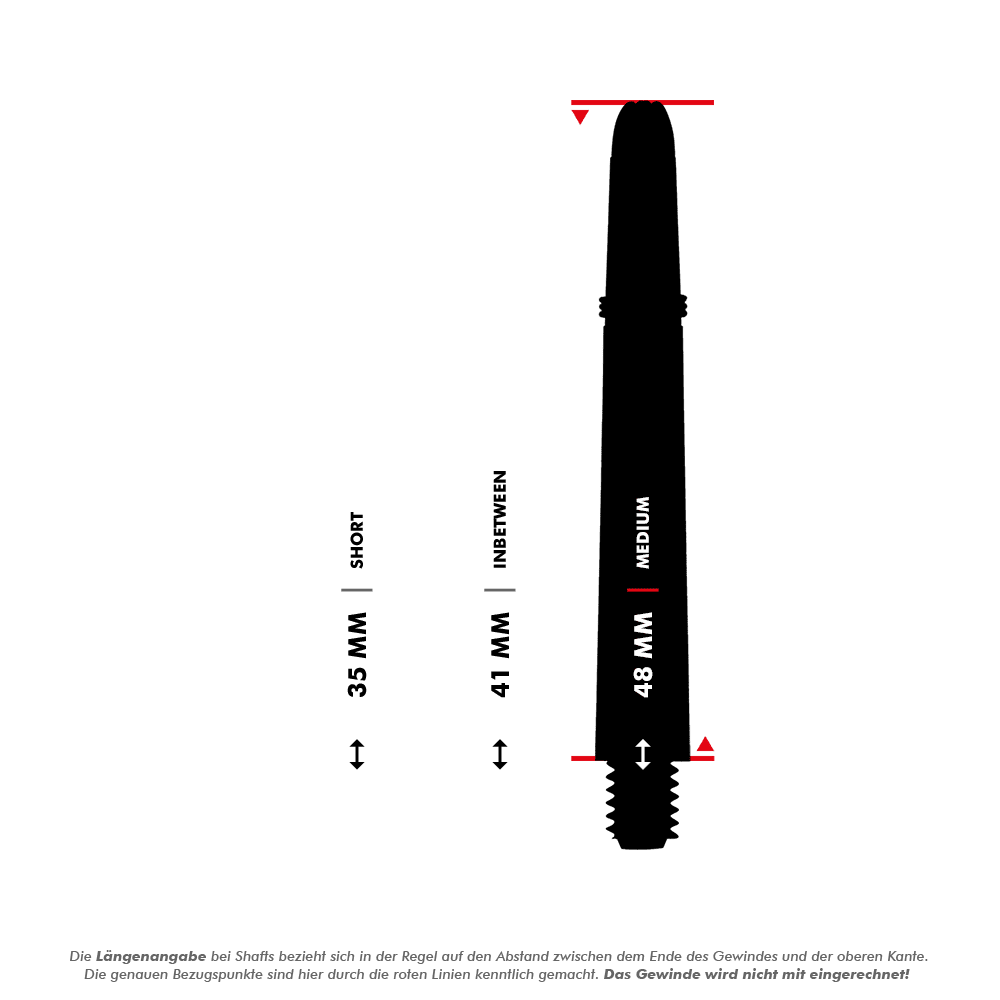 Shot Koi Carbon Shafts - Grün Das Bild zeigt drei verschiedene Längen von Koi Carbon Schäften: 35 mm (kurz), 41 mm (mittel) und 48 mm (lang). Die roten Linien markieren die Messpunkte, wobei das Gewinde nicht mitgerechnet wird.