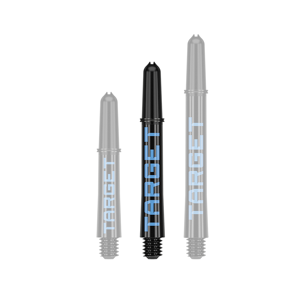 Aste Target Pro Grip TAG - 3 set - Nero Blu Das Bild zeigt drei schwarze Dartschäfte in unterschiedlicher Länge mit blauer Aufschrift "TARGET". Sie sind in einer Reihe nebeneinander angeordnet.