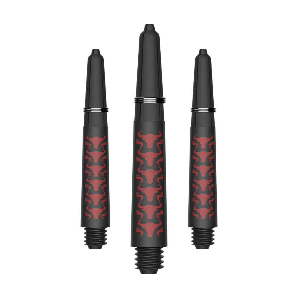 Bulls NL Capo Carbon Shafts - Red Das Bild zeigt ein Set aus roten Capo Carbon Shafts mit einer kurzen Länge von 34mm. Es handelt sich um Zubehör für Dartpfeile.