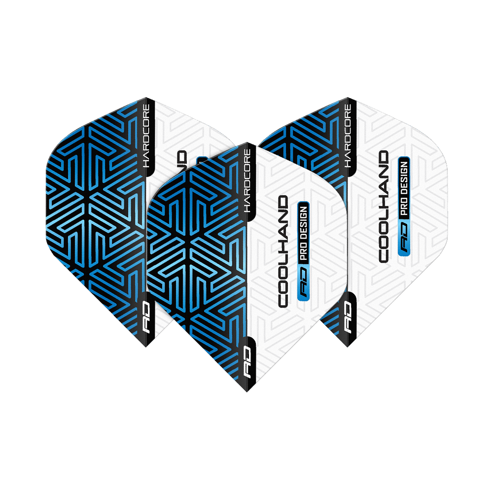 Red Dragon Hardcore Luke Humphries Modrá Bílá Prémiové Standardní Lety Das Bild zeigt vier Dart-Flights in Blau und Weiß mit geometrischem Muster. Auf den Flights stehen die Wörter "HARDCORE", "COOLHAND" und "RD PRO DESIGN".
