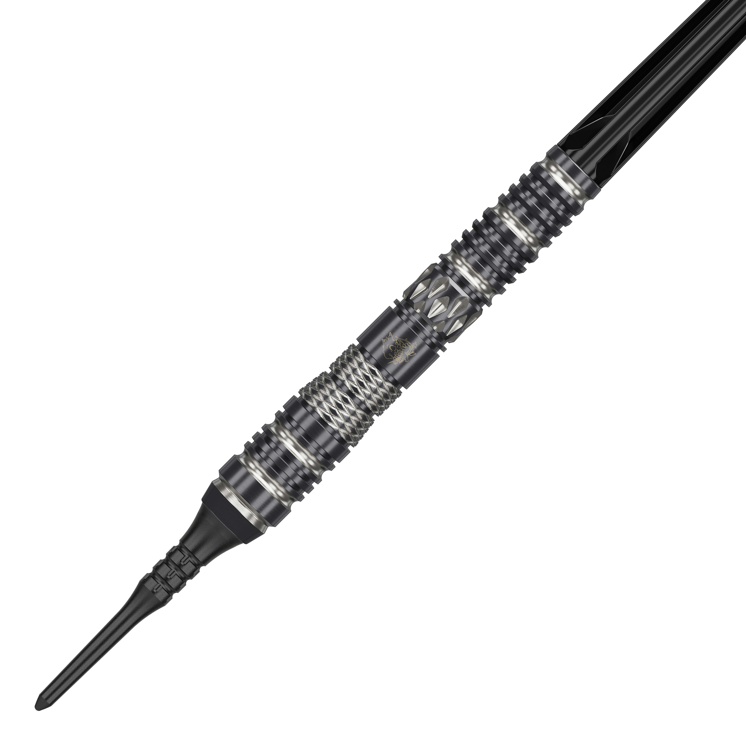 Das Bild zeigt einen Target Japan Black Marque Dragon 3 Softdart mit einem Gewicht von 18g. Der Dart ist überwiegend schwarz mit silbernen Akzenten und hat eine strukturierte Oberfläche für besseren Halt.