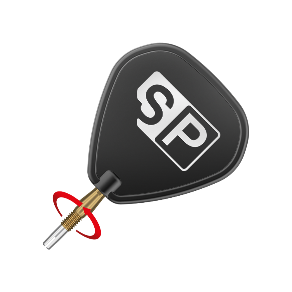 Target Swiss Storm Diamond Point Dartspitzen - Gold Das Bild zeigt eine schwarze Dartflügel mit der Aufschrift "SP" in weiß. Daran ist eine goldene Dartspitze befestigt.