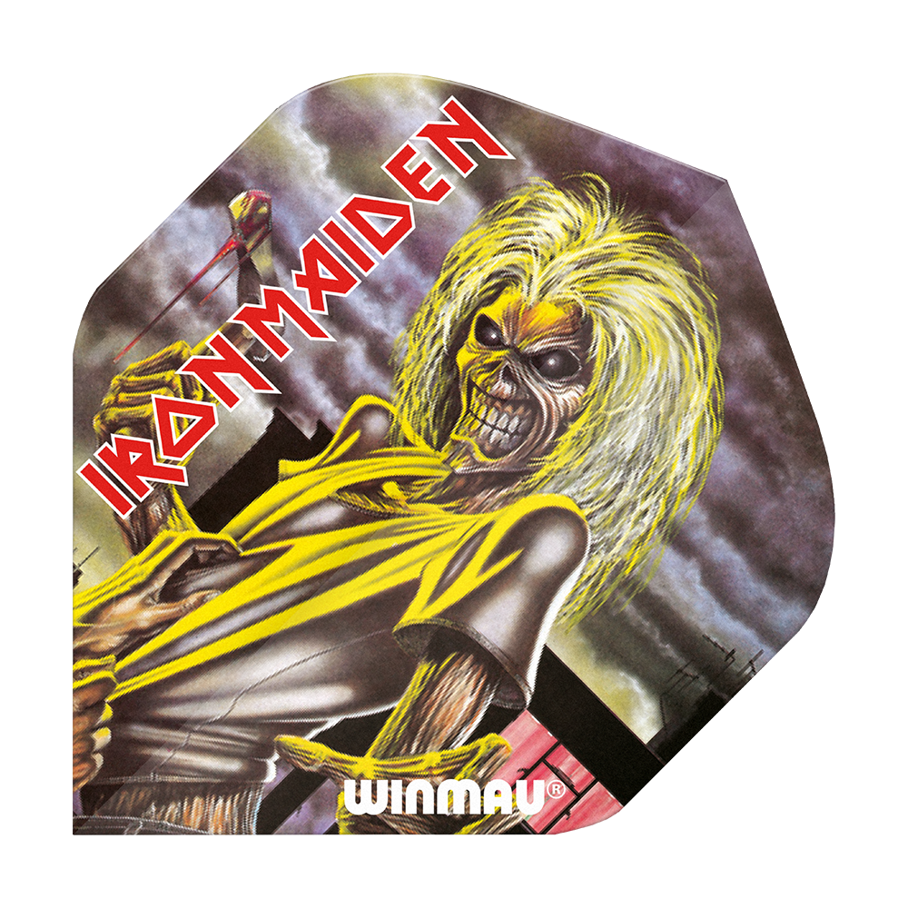 6905-223_Winmau_Rockstar_Legends_Iron_Maiden_Killers_Standard_Flights_1 Das Bild zeigt ein Winmau Rockstar Legends Iron Maiden Killers Standard Dart-Flügel. Auf dem Flight ist das bekannte Iron Maiden Maskottchen "Eddie" mit gelben Haaren und gruseligem Aussehen abgebildet.