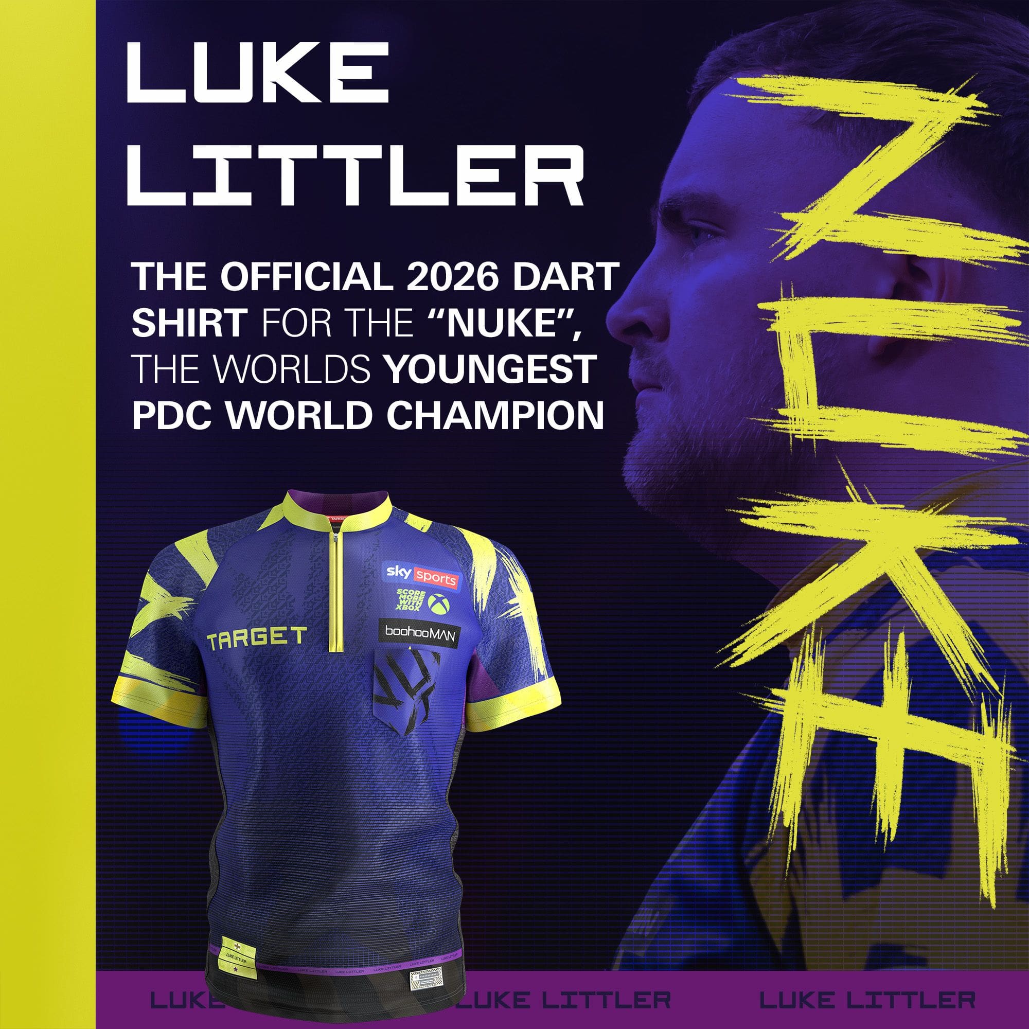 Abgebildet ist das Target Luke Littler Dartshirt 2026 aus einer anderen Perspektive. Das Shirt ist speziell für Fans und Spieler geeignet.