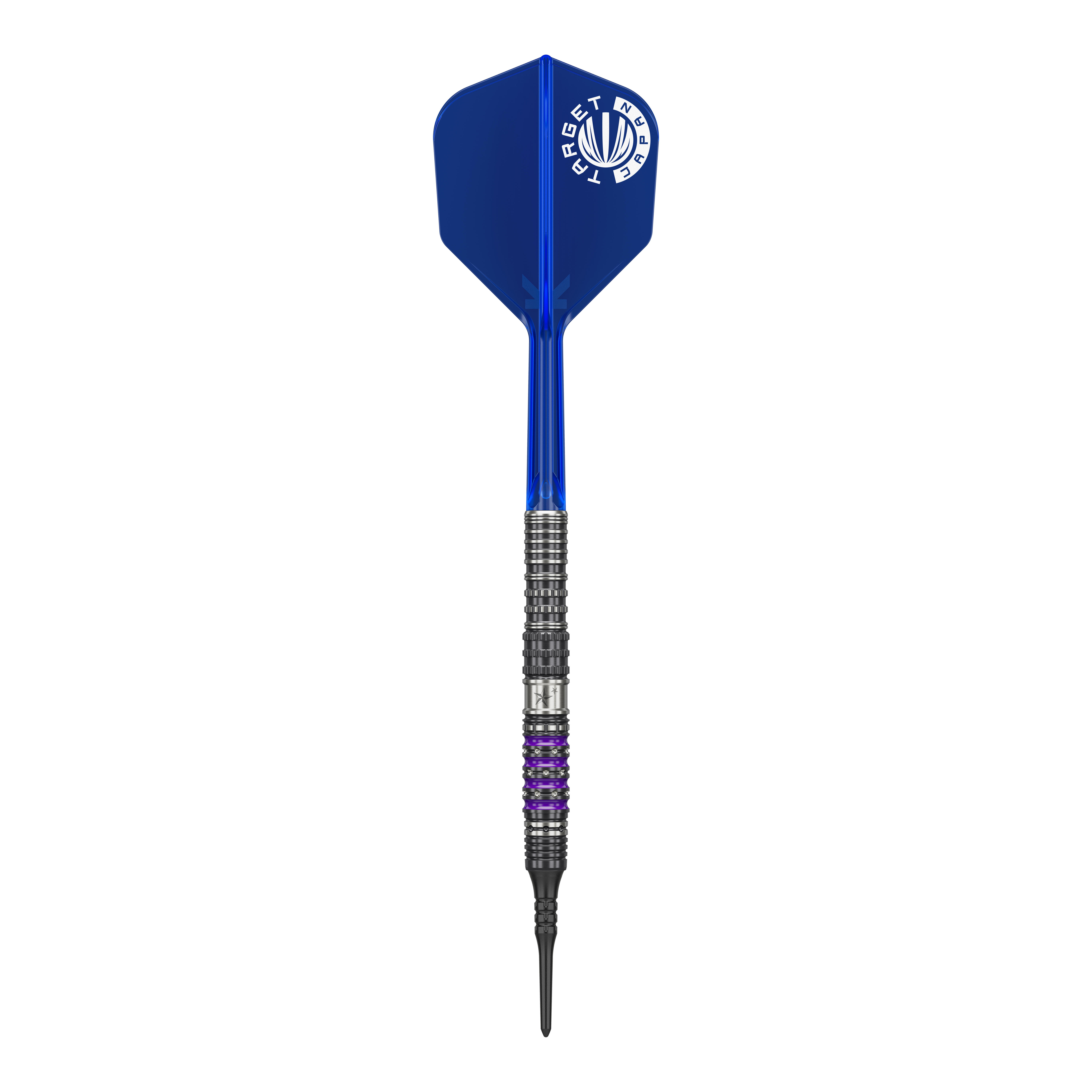 Dardos blandos Target Japan Prime Series Sirius GEN4 - 21,5 g Auf dem Bild ist ein Softdart aus der Serie "Target Japan Prime Series Sirius GEN4" mit einem Gewicht von 21,5g zu sehen. Der Dart hat eine blaue Flight und einen schwarz-silbernen Schaft mit lila Akzenten.