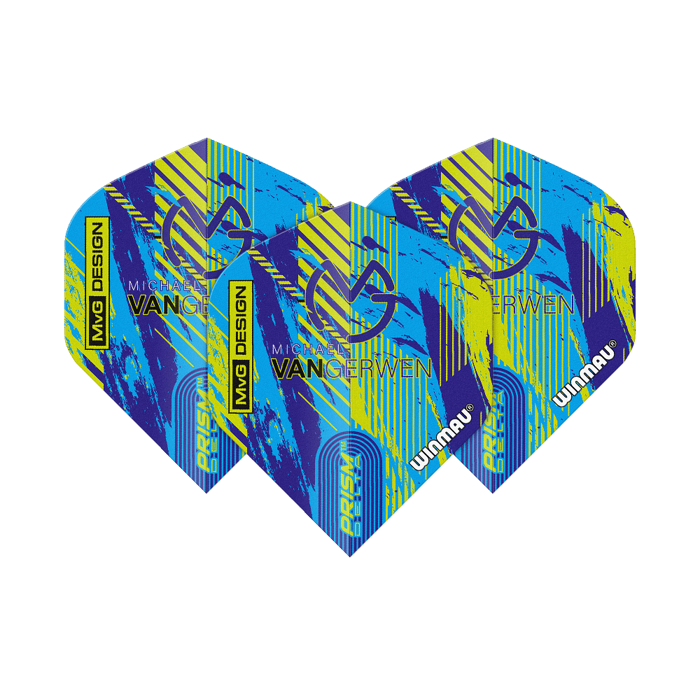 Winmau Delta Michael Van Gerwen Prism 04 Standardní lety Das Bild zeigt die Winmau Delta Michael Van Gerwen Prism 04 Standard Flights. Sie haben ein farbenfrohes Design in Blau, Gelb und Schwarz mit dem Namen und Logo von Michael Van Gerwen.