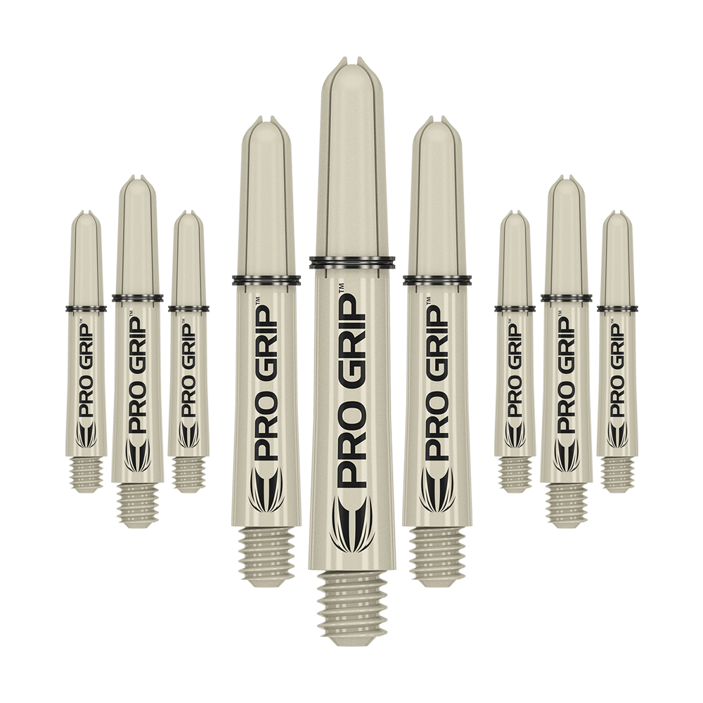 Target Pro Grip Shafts - 3 sady - Sand Das Bild zeigt neun beige Dartschäfte mit der Aufschrift „PRO GRIP“. Sie sind in drei Reihen angeordnet, wobei die mittlere Reihe größer erscheint.