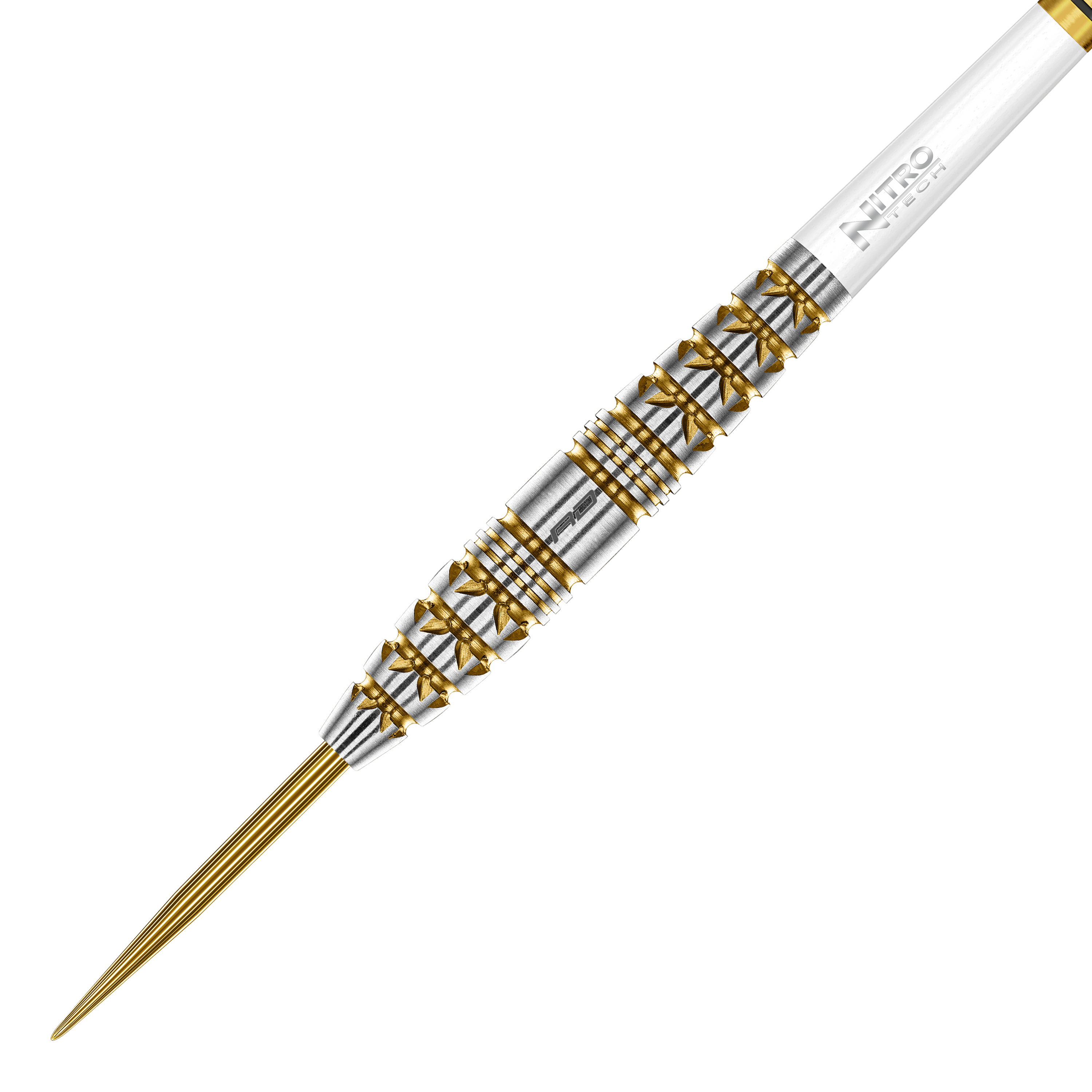 Das Foto zeigt die Red Dragon Paradym Gold Torpedo Steeldarts aus einer anderen Perspektive. Die Darts zeichnen sich durch ein elegantes, goldenes Design aus.