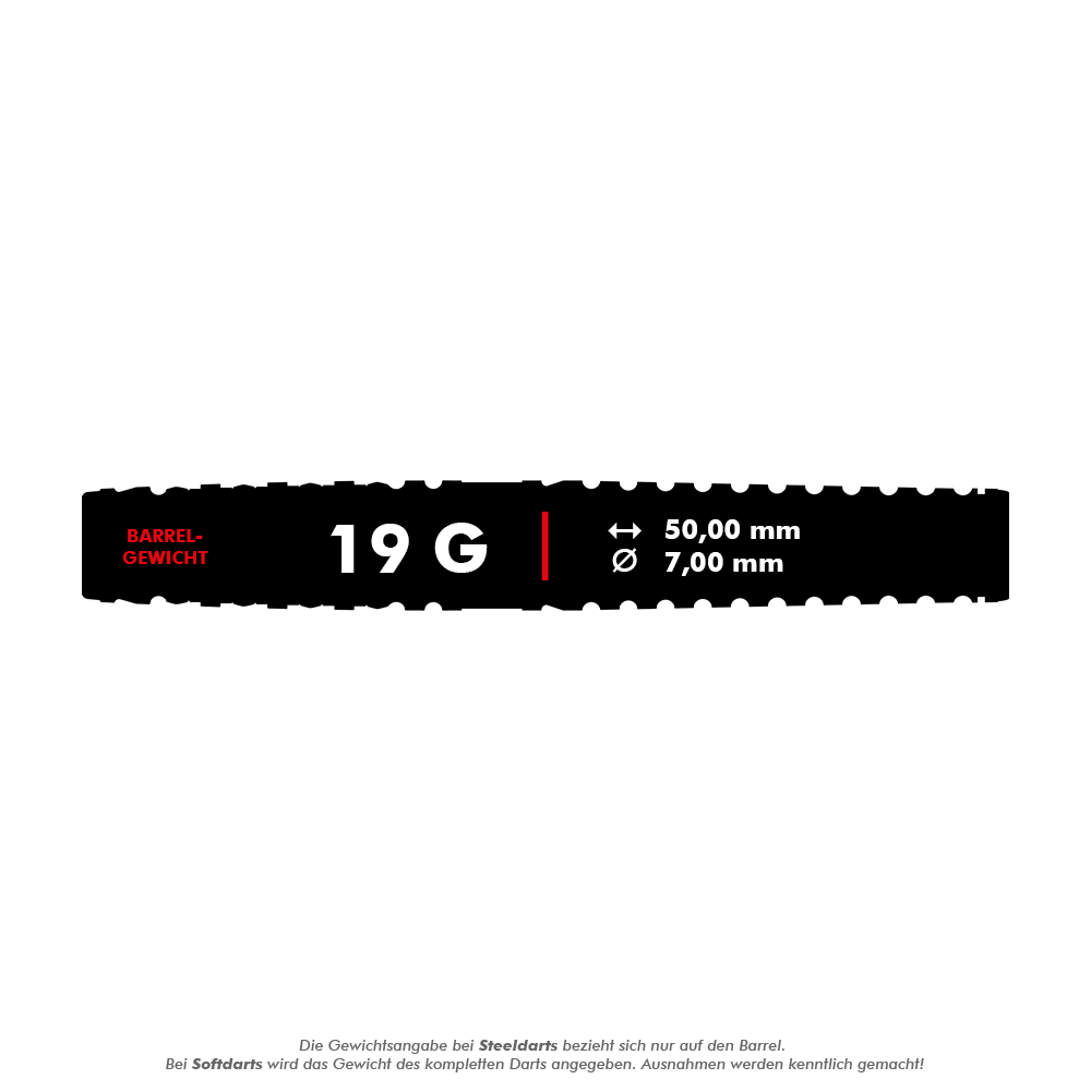 Target Japan Paul Lim The Legend GEN8 Fléchettes souples - 19 g Das Bild zeigt die Spezifikationen eines Darts mit einem Gewicht von 19 Gramm. Die Länge beträgt 50,00 mm und der Durchmesser 7,00 mm.