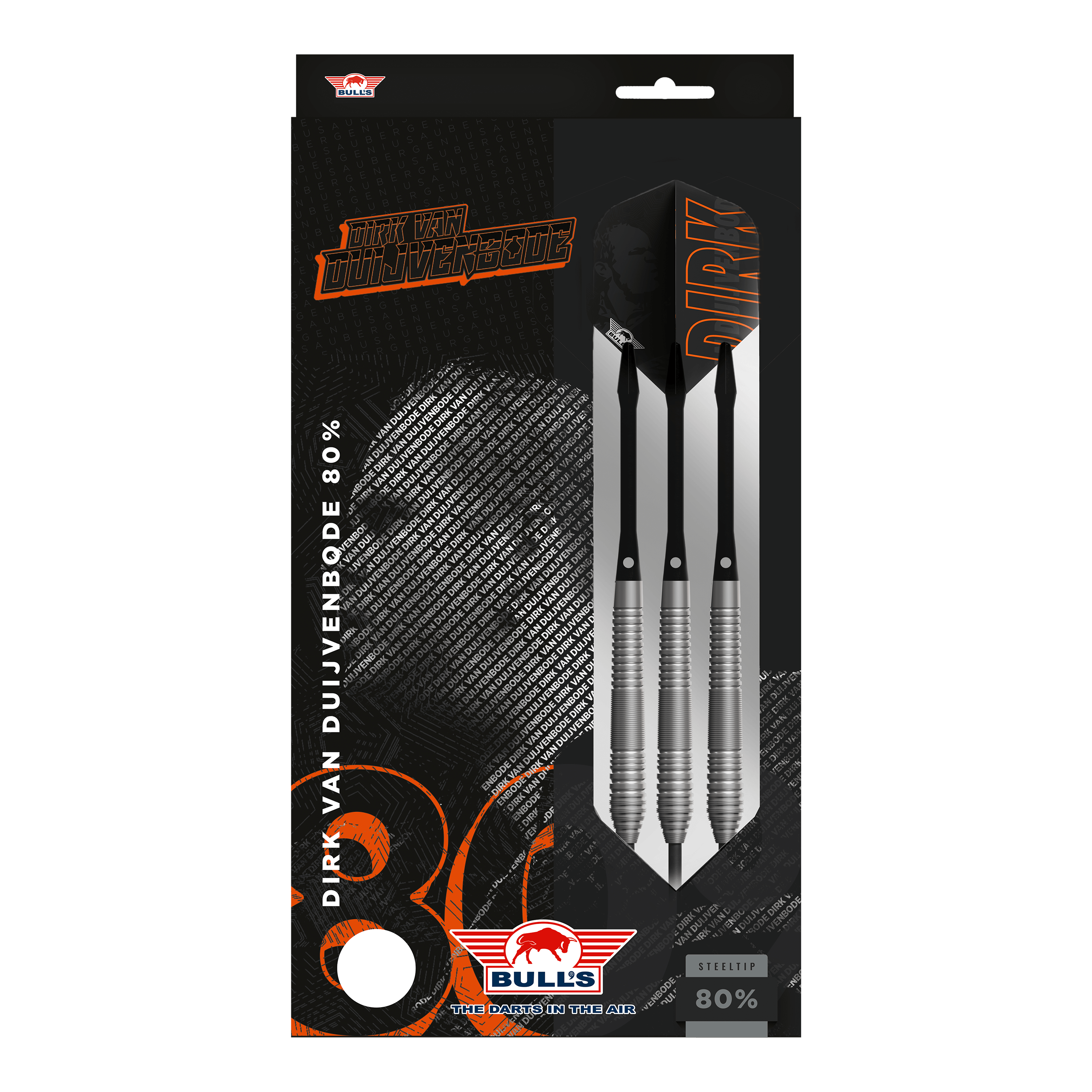 Bulls NL Dirk Van Duijvenbode 80 dardos de acero Auf dem Bild ist eine Verpackung der "Bulls NL Dirk Van Duijvenbode 80 Steeldarts" zu sehen. Die Packung zeigt drei silberne Steeldarts und enthält den Namen des Spielers sowie das Bulls-Logo.