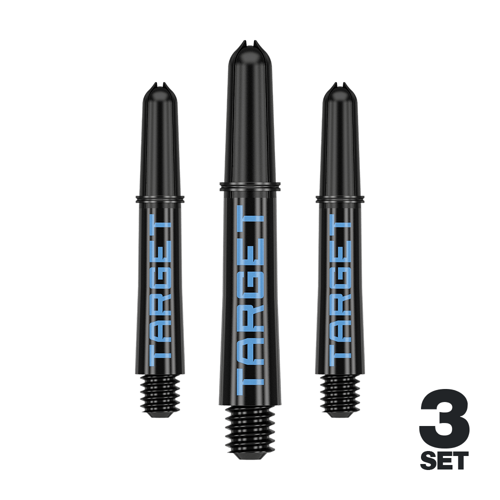 Target Pro Grip TAG Shafts - 3 Sets - Black Blue Auf dem Bild sind drei schwarze Dartschäfte mit blauer "TARGET"-Beschriftung zu sehen. Unten rechts steht "3 SET", was auf ein Set aus drei Stück hinweist.