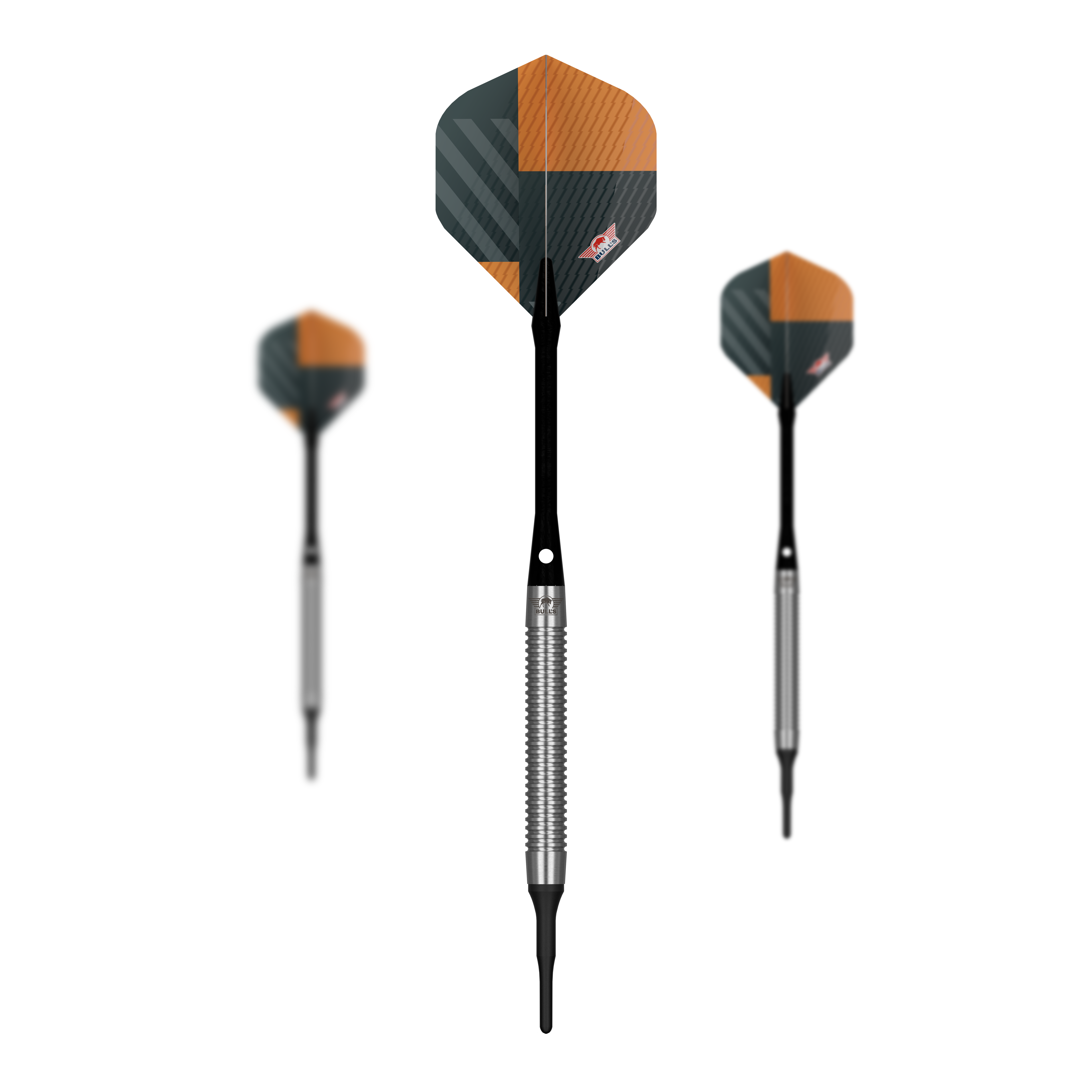 Šipky Bulls NL Volt Orange Soft - 18g Zu sehen ist ein Set Bulls NL Volt Orange Softdarts - 18g. Mehrere Pfeile werden gemeinsam präsentiert.