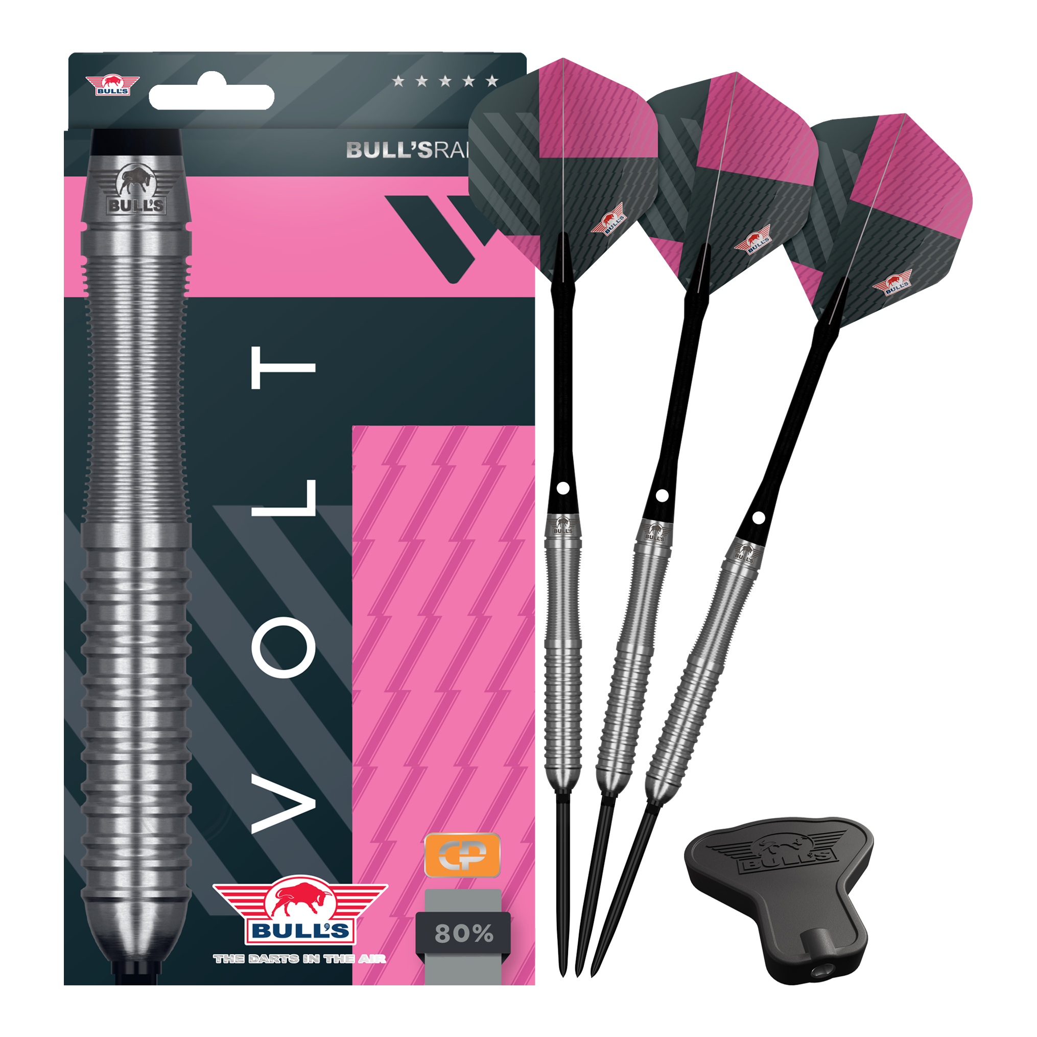 Šipky Bulls NL Volt Pink Convertible Point Steel Darts Das Produkt zeigt Bulls NL Volt Pink Convertible Point Steeldarts. Eine Komplettansicht des Sets ist zu erkennen.