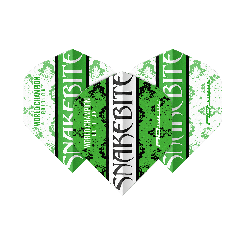 Červený drak Peter Wright Uštknutí hadem Zelená Bílá Jin Jang Standardní lety Das Bild zeigt drei Dart-Flights in den Farben Grün, Weiß und Schwarz mit der Aufschrift "Snakebite". Auf den Flights steht außerdem "World Champion Edition" und das Red Dragon Logo.