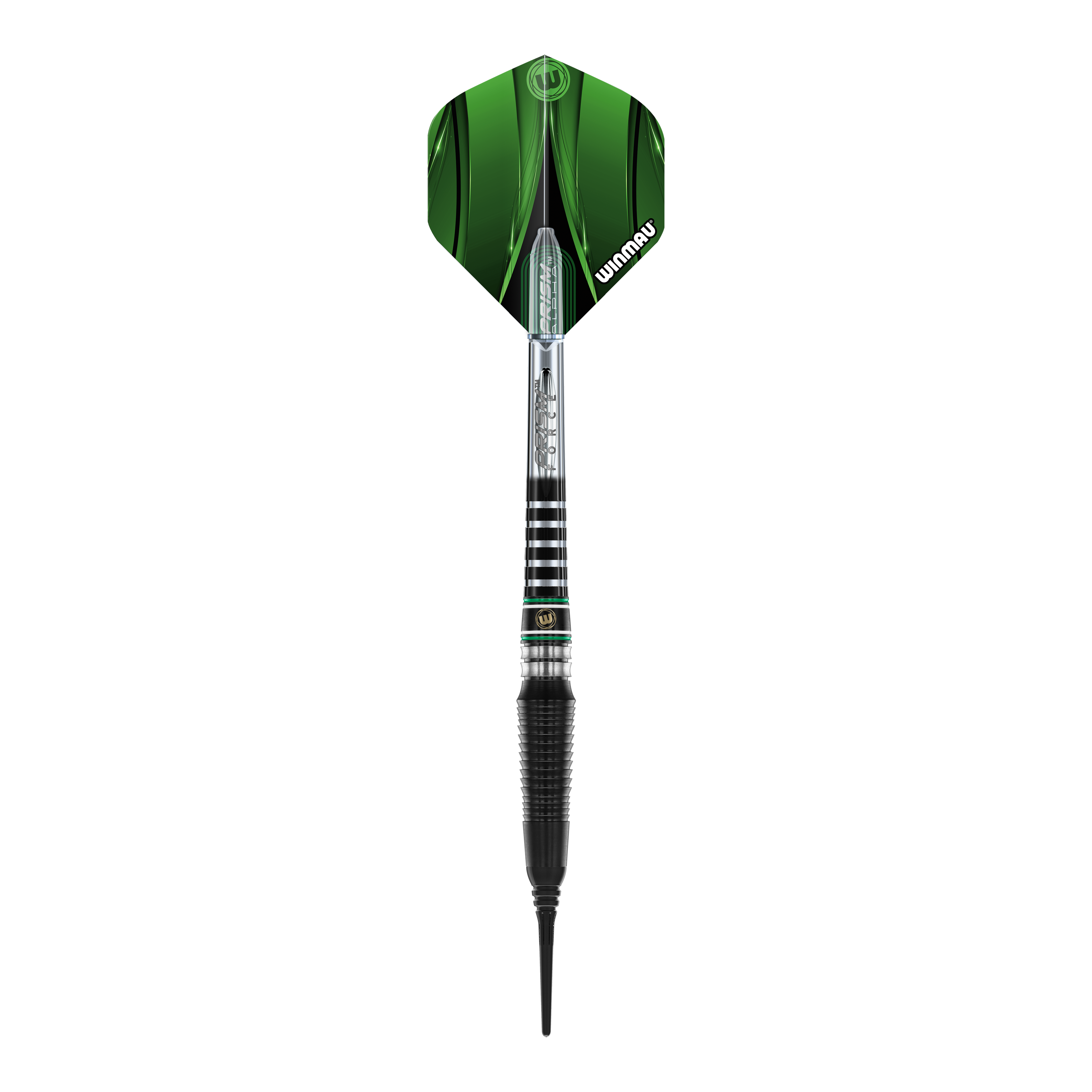Dardos blandos Winmau Sniper Black 2025 - 20 g Das Bild zeigt einen Winmau Sniper Black 2025 Softdart mit einem Gewicht von 20g. Der Dart hat schwarze und silberne Elemente sowie rote und grüne Akzente am Schaft.
