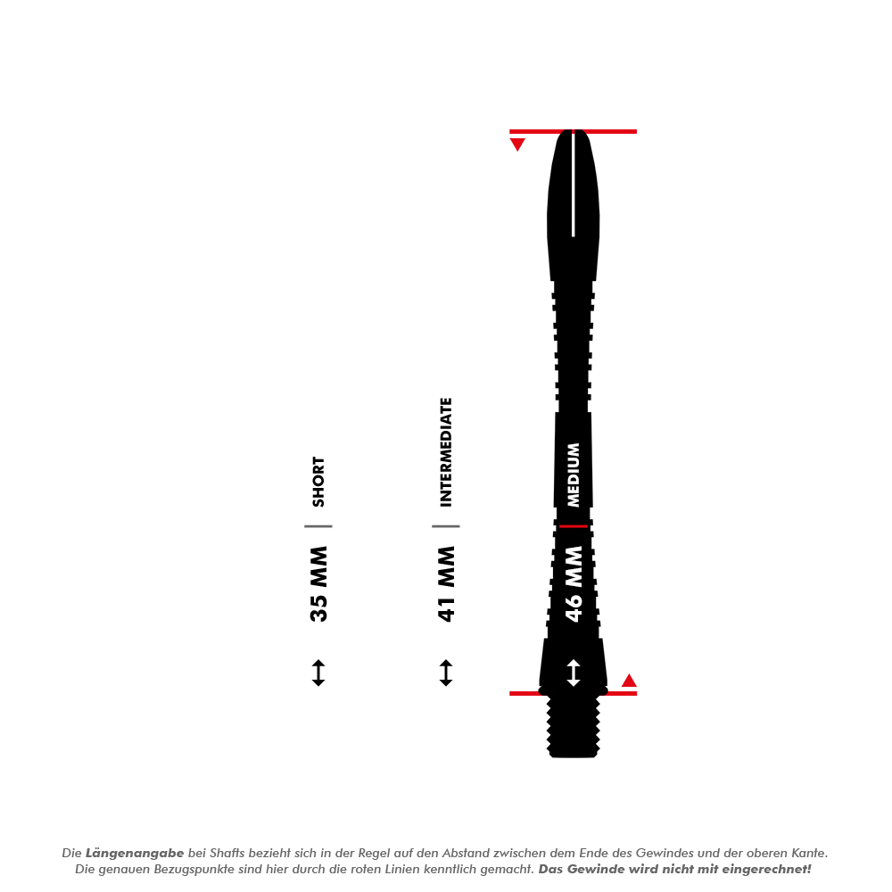 7013_Winmau_Triad_Aluminium_Shafts_5_46mm Das Bild zeigt drei verschiedene Längen von Dart-Shafts: 35 mm (Kurz), 41 mm (Mittel) und 46 mm (Lang). Die Längenangabe bezieht sich auf den Abstand zwischen dem Ende des Gewindes und der oberen Kante, das Gewinde wird nicht mitgerechnet.