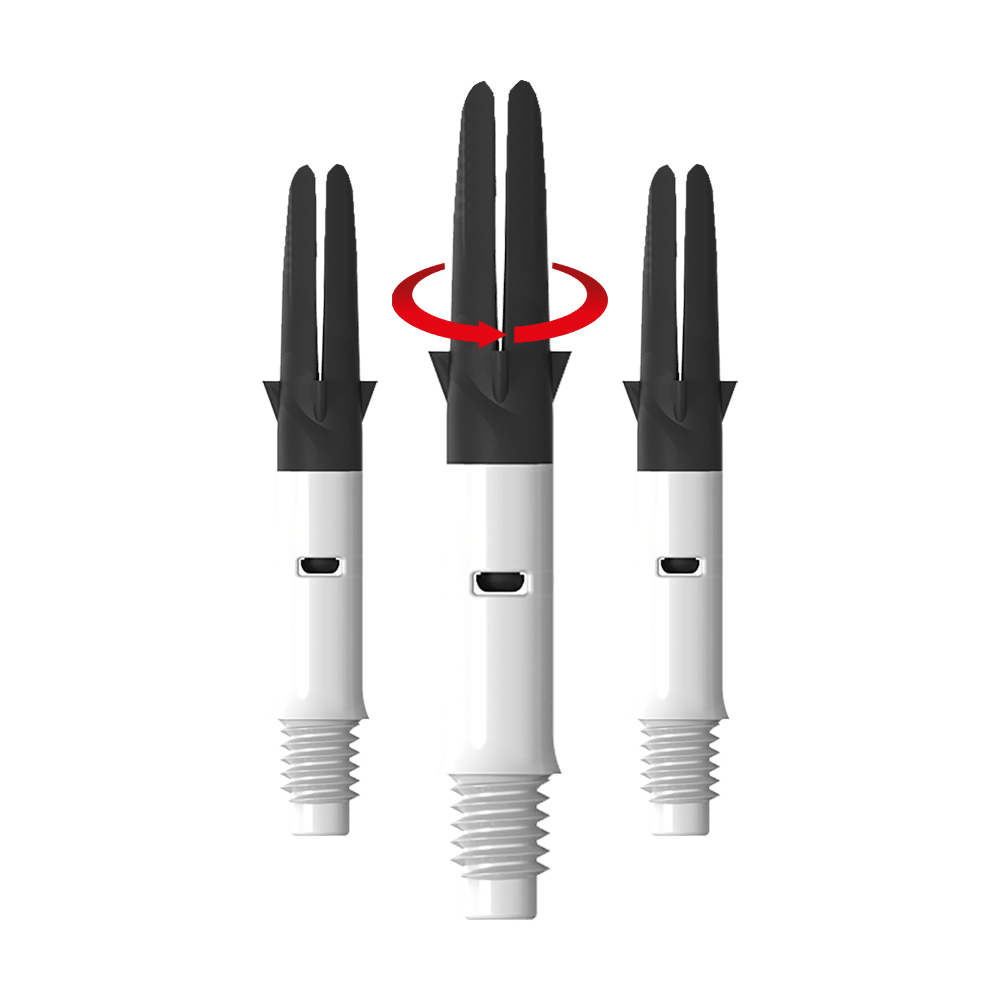Wałek L-L-Style-Shaft Carbon Silent Straight - biały Das Bild zeigt drei weiße und schwarze Dartshafts nebeneinander. Über dem mittleren Shaft ist ein roter Pfeil, der eine Drehbewegung anzeigt.
